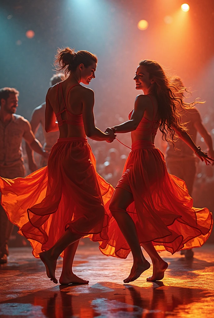 The Observer observes the pair of dancers as they dance in complete harmony. Los pasos de los danzantes son suaves y fluidos, como si estuvieran flotando. El viento se mezcla perfectamente con su danza