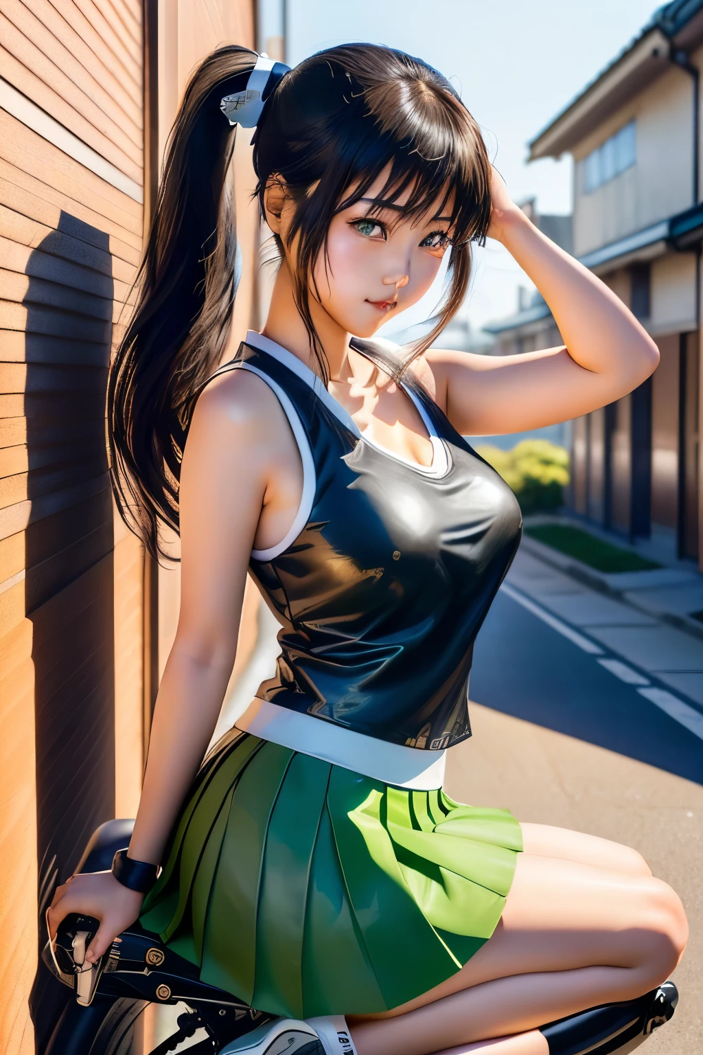 8K resolution, masterpiece, Highest quality, Award-winning works, unrealistic, tifa lockhart, 20-year-old, sexy college school girl, (black long hair:1.3), beautiful Perfect Face, Soft Skin, Perfect Face, Yasutomo Oka's painting style, 165cm tall, Three sizes are 92/60/88, (lime green uniform:1.5), white silk camisole, deep Cleavage, skyblue very long skirt with many pIeats, black garter belts, knee high socks, black pumps, details, Splash screen,Sharp eyes, crystal blue eyes, pink lips, BREAK, White Silver, dynamic sexy poses, Sweat, Strong winds, standing alone on station platform, waiting for train coming, Osaka Japan