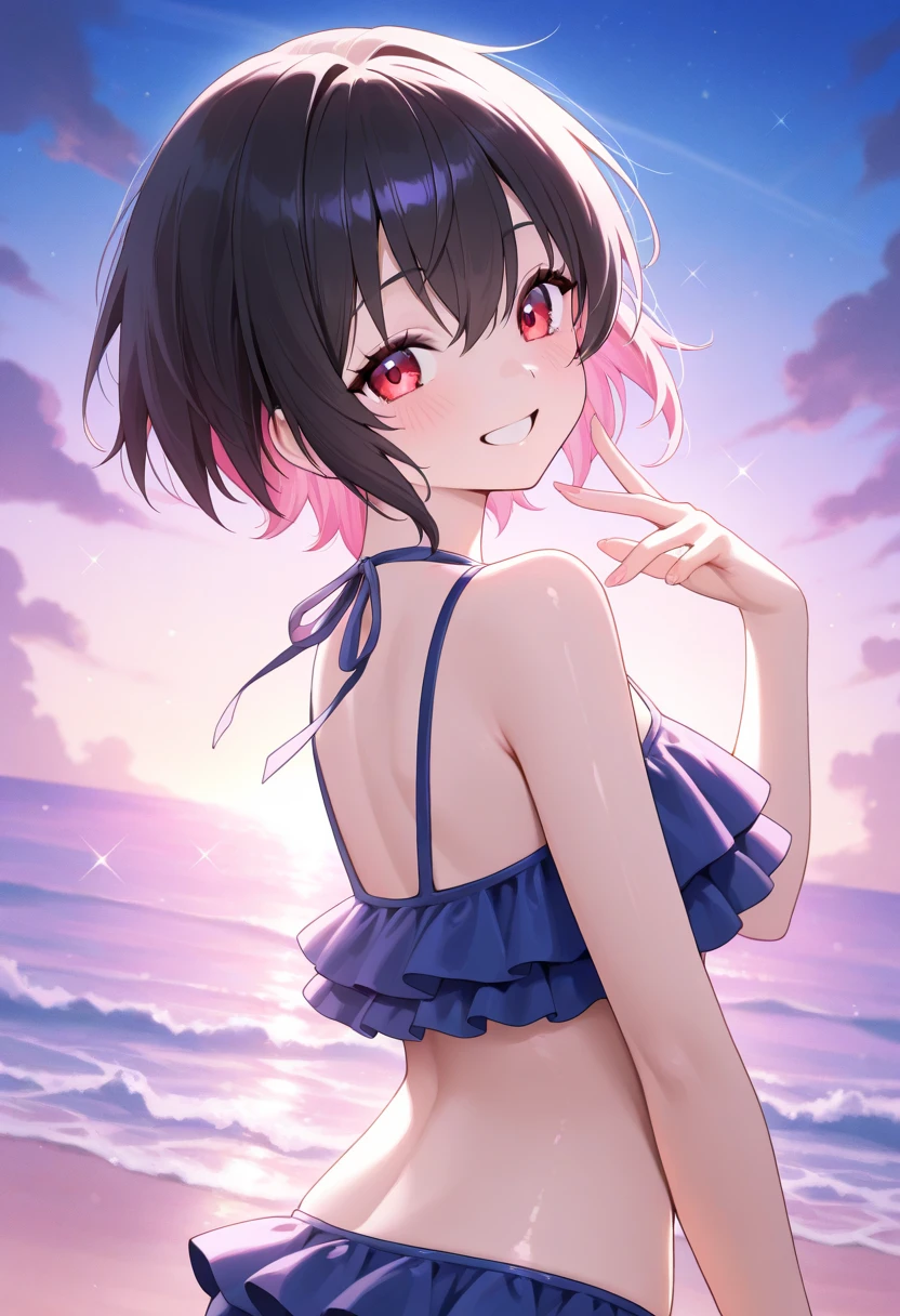 Momoko Sakura Style、8K quality、Intense watercolor, Detailed watercolor art, Pink watercolor splash, surreal, Very cute 17 year old girl, ((Sexy bikini-style swimsuit))、(Black hair color、Pastel color inner color hairstyle、Hair expressed with a delicate touch), Beautiful Hair, facial contour, Remember,  splash, Lens flare、sunlight、illumination、natural color, High resolution, Very delicate, Very detailed, 8k、beach、Shy smile、((sexual))、View from knee