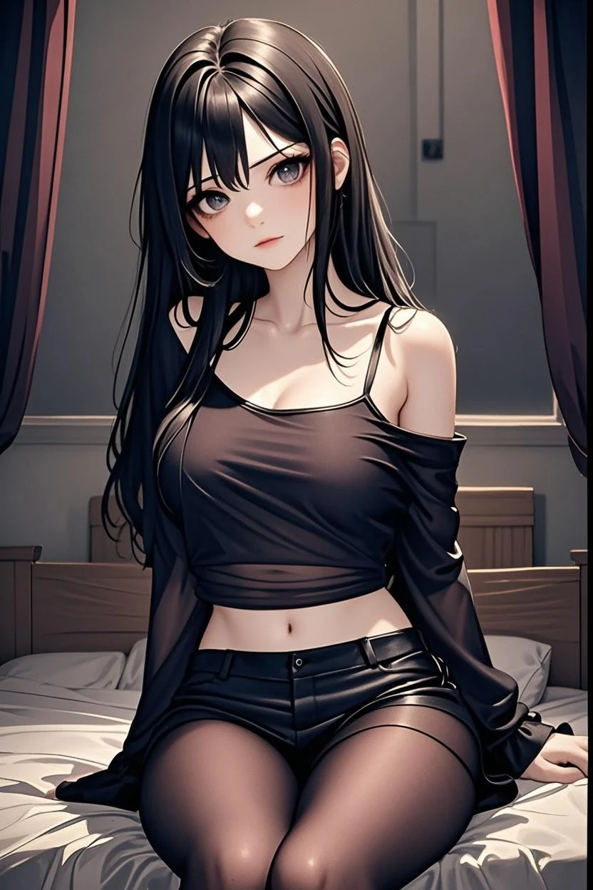 1 woman, pale skin, nerdy girl, dorky girl, dark messy hair, slim waist, small breasts. is built like a ". has slightly visible eyebags and wears heavy makeup. has messy unkept appearance. has healed scars on her legs from self harm. laying on a bed