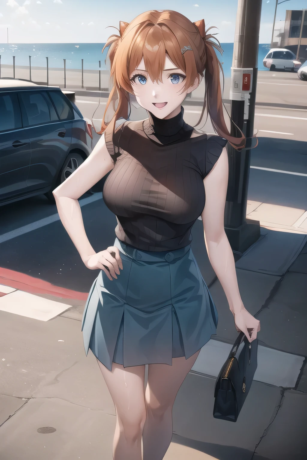 masterpiece, best quality, 1girl, solo, girls und panzer, el, cleavage, blue shirt, suspenders, green skirt, black belt, outdoors , high heels, full body