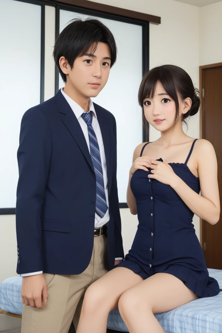 NSFW、highest quality、8K、masterpiece、ultra high resolution、clear pictures、Super detailed、realistic pictures、Photoreal、professional lighting、Cinematography、pretty girl、National beautiful girl、idol sculpture、round face、very short hair、Super Slender、delicate body、小さなchest、thin waist、(  In school uniform)、whole body写真撮影、(Ride a crowded train、(Crowded car interior))、(Couple of men and women hugging each other:1.4、Man hugs woman from behind:1.4、A man grabs a woman&#39;chest:1.4)、whole body、in a high school uniform