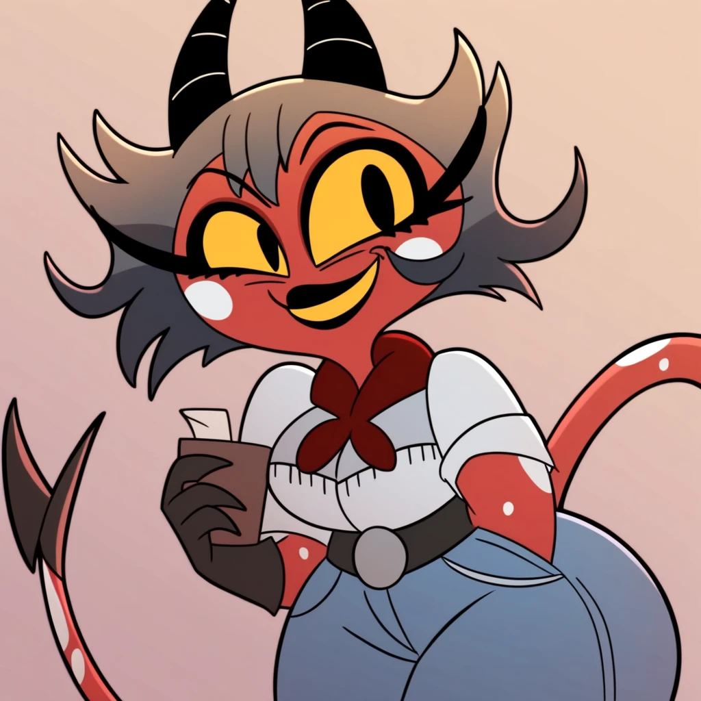 <lora:thegoetiav4:1>, masterpiece, best quality, 1girl, solo, detailed face, looking at viewer, lingoetia, thick thighs, big breast, crop top, tight short jeans, detailed background, (imp), red body, yellow eyes, short hair, two horns, absurd res, neckerchief, lingetup, mature woman, short tail, shortstack, croptop, cowboy gloves, dark grey hair, Lin \(helluva boss\), black iris, white spots on cheeks, arms behind back ,, detailed skin texture, (blush:0.5), (goosebumps:0.5), subsurface scattering, detailed skin texture, (blush:0.2), (goosebumps:0.3), subsurface scattering