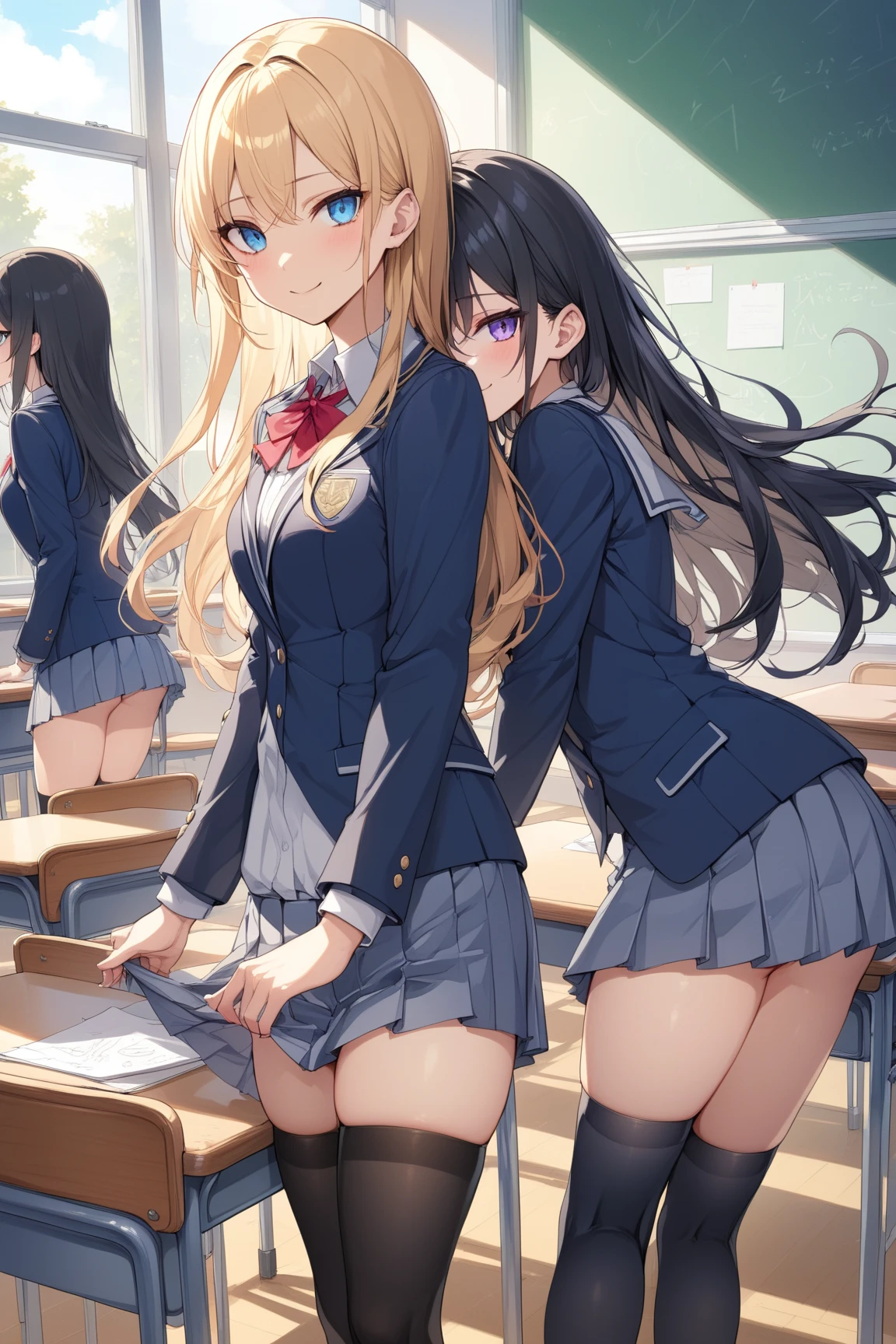 One Woman、One Man、beautiful girl、Brown-haired boy、Beautiful Youth、after school、evening、high school girl、School Nameplate、Blazer uniform、Pleated skirt、Black knee-high socks、Long Hair、In front of the school gate、Highest quality, Thick thighs、Big 、Big Ass、White panties、Black Hair、The girl has an excited face、A crowd going home from school、Holding his chest with both hands、A boy lifts up a girl's skirt、Boys are smiling、Male and female couple