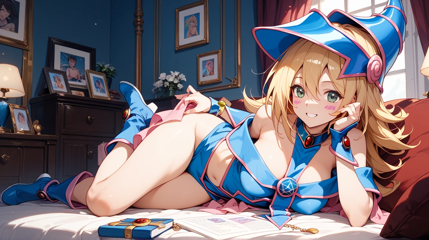 master piece,best quality,ultra detailed,8k,
ambient light,realistic skin,glossy skin,
（dark magician girl, duel monster, blush stickers, blonde hair, green eyes, long hair, breasts, blush, bangs, large breasts, hair between eyes, pentacle, pentagram, hat, dress, cleavage, bare shoulders, collarbone, choker, blue headwear, wizard hat, bracer, detached sleeves;）、
A realistic depiction of a person trapped inside a glass bottle, 、（lie face down：1.3）、（portrait）、（the body is very wet：1.5）、yukata、Glossy lips、Slightly emphasize the lower lip、A refreshing smile、emphasizing the cleavage、