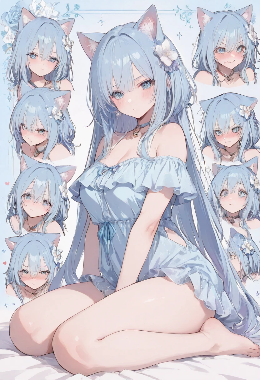no background, cute female child, loli, cowboy shot, pantyshot, nude, naked, no clothes, nipples, rabbit ears, bunny ears, rabbit ears, petite, hime cut, light blue hair, very long light blue hair, wavy long hair, Light blue eyes
