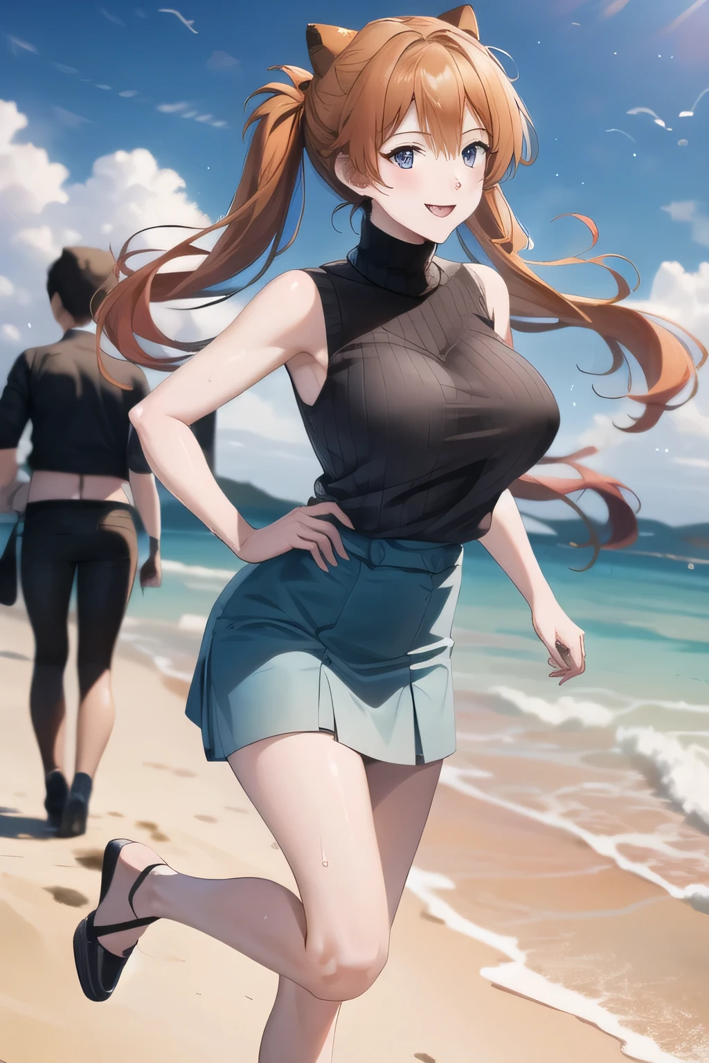  can you draw a black sleeveless sweater that is wet and has sharp nipples，can you draw a black sleeveless sweater，    beautiful smiling woman     ，police officer ，brown hair，twin-tail woman laughing at the beach，yellow sleeveless sweater，青色Pleated Mini Skirt，，Hide your chest with a costume，，accurate representation of hands and feet，，Beautiful Legs,，A face is absolutely necessary，Pleated Mini Skirt，              city tour                         ,，（（（and、 police officer、Please show me an adult expression ））），  ,（もっand繊細なルックスを描こう），（sleeveless wool sweater），（ Pleated Mini Skirt，white panties），（That work is enough for one person ）、, ,   Big breasts, Thin Waist ， ,   ，顔はandても重要です，Animated CG，