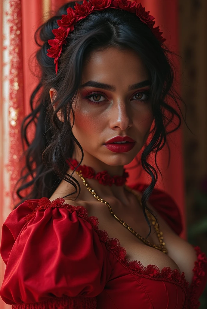 realistic portrait of an extremely beautiful Colombian woman, wearing a tight red Nadia Long Sleeve Scoop Back Midi Dress, wearing a choker, detailed facial features, piercing eyes, wearing a headdress, elegant long eyelashes, beautiful lips, delicate nose, intricate jewelry, dramatic lighting, highly detailed, photorealistic, 8k, cinematic composition, dramatic pose, masterpiece