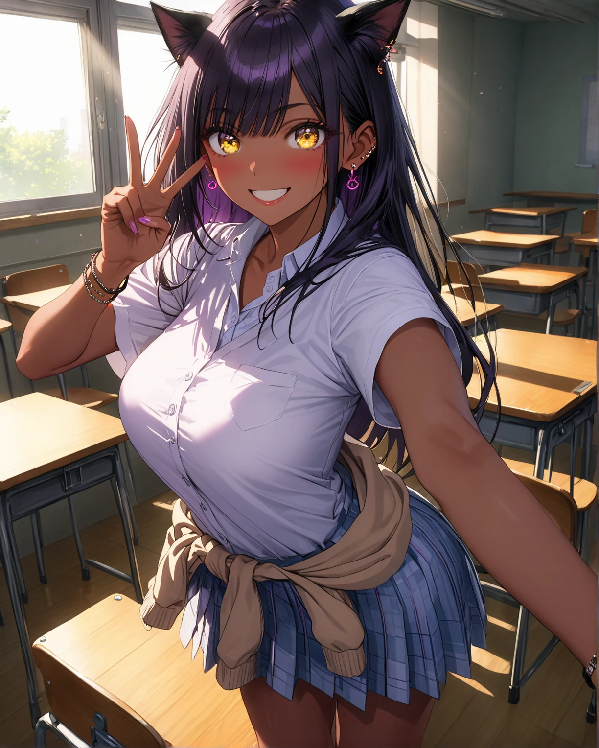 One girl, Cowboy Shot, Grin, classroom, fighting sSunburnce,
nagatoro_hayase, Brown eyes, Black Hair, Long Hair, Dark Skin, Woman with dark skin, Sunburn, Sunburnlines, Hair Clip, , White shirt, Collared shirt, Pleated skirt, highest quality, masterpiece, High resolution, (Huge round breasts:1.2,Cleavage)
