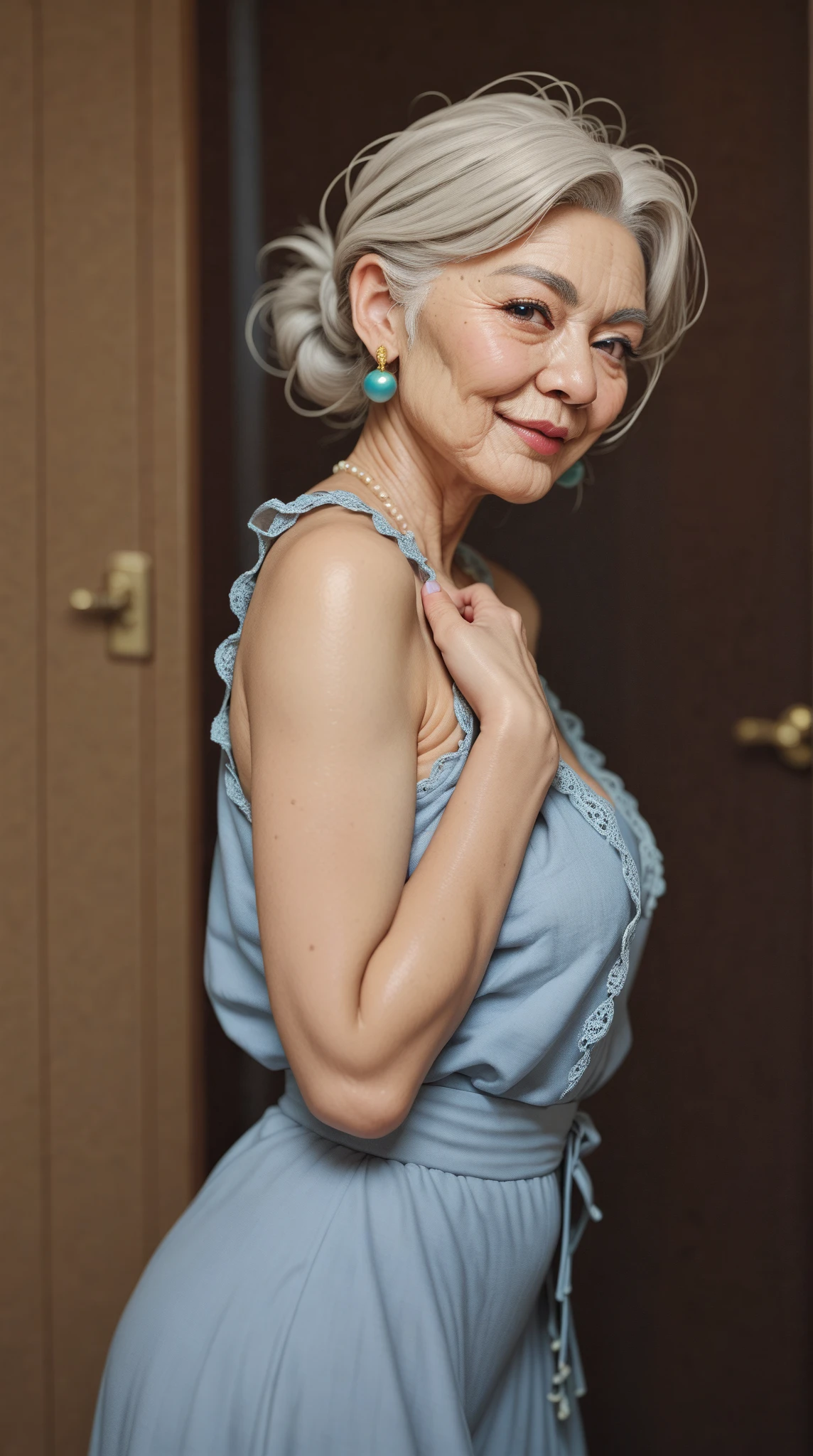 Beautiful elderly woman, cute,sexy,55 years old,,sexy,Wear a pearl necklace, old woman,Big saggy Breasts, Light blue revealing dress, White embroidered bra, Curly Hair, plain grey background