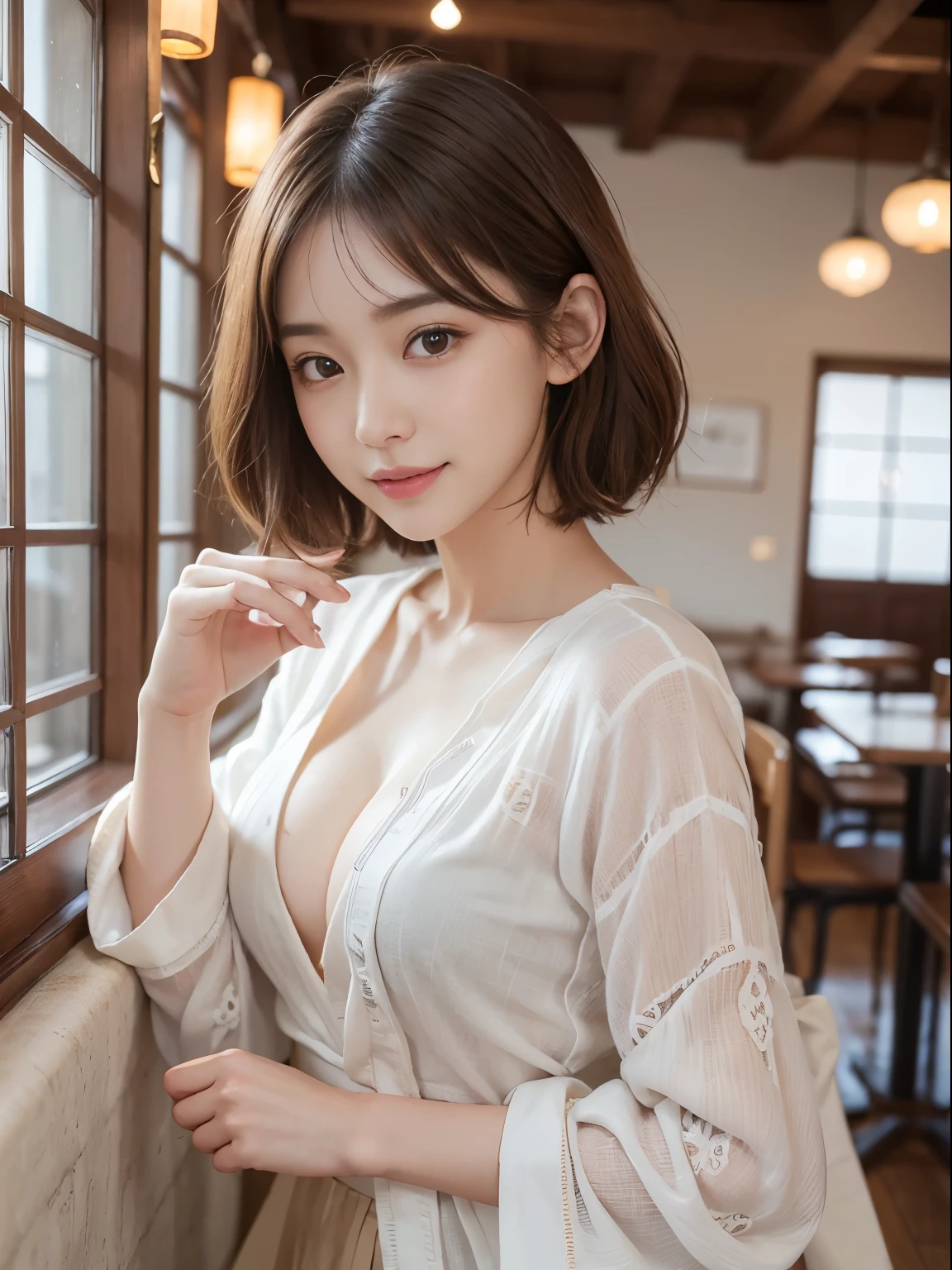 (8k, highest quality, masterpiece: 1.2), (Realistic, Realistic: 1.3), Very detailed, 1 girl, Mid-chest, Beautifully detailed skies, Detailed Cafe, night, (blush), (smile: 1.15), (Mouth closed),  (Collared shirt: 1.1), night, Wet, Office Clothes, rain, White lace, (short hair: 1.2), Floating hair , Random sexy poses,Bare chest