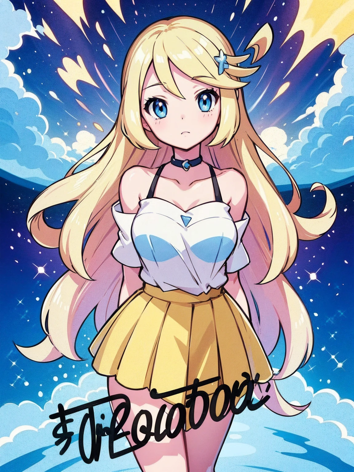 Pokemon, 1 girl, porcelain skin, large light purple doe eyes, long straight platinum blonde hair in a ponytail and side bangs, plump body, white crop top, beige high-waisted skirt, white high socks, light brown moccasins, shoulder bag with key chains on it, innocent looks