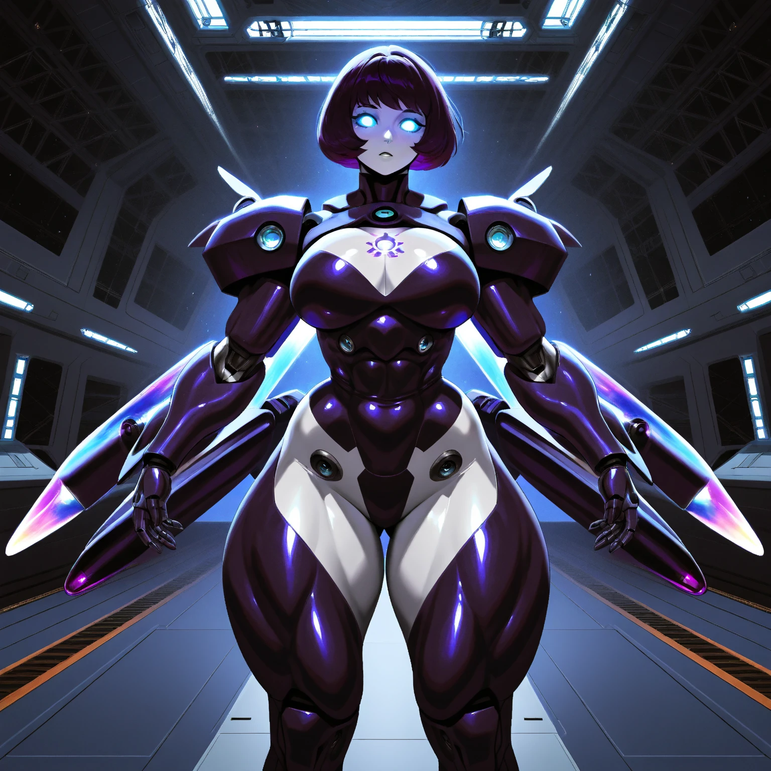 (full body photo+standing+looking at the viewer:2), (woman+Robo:1.8), (extremely large robotic breasts:2), (she is wearing black robotic suit with silver gears:1.5), (she is inside a sewer with knee-high water:1.5), (she has purple hair:1.5), (blue eyes:1.5), (body+clothing+wet:1.5), (walking+sensual pose:1.5),  heavy breathing, (ahegao:1.8), anime, Eye-Level Shot, 16k, UHD, best quality, high details, masterpiece, anatomically correct