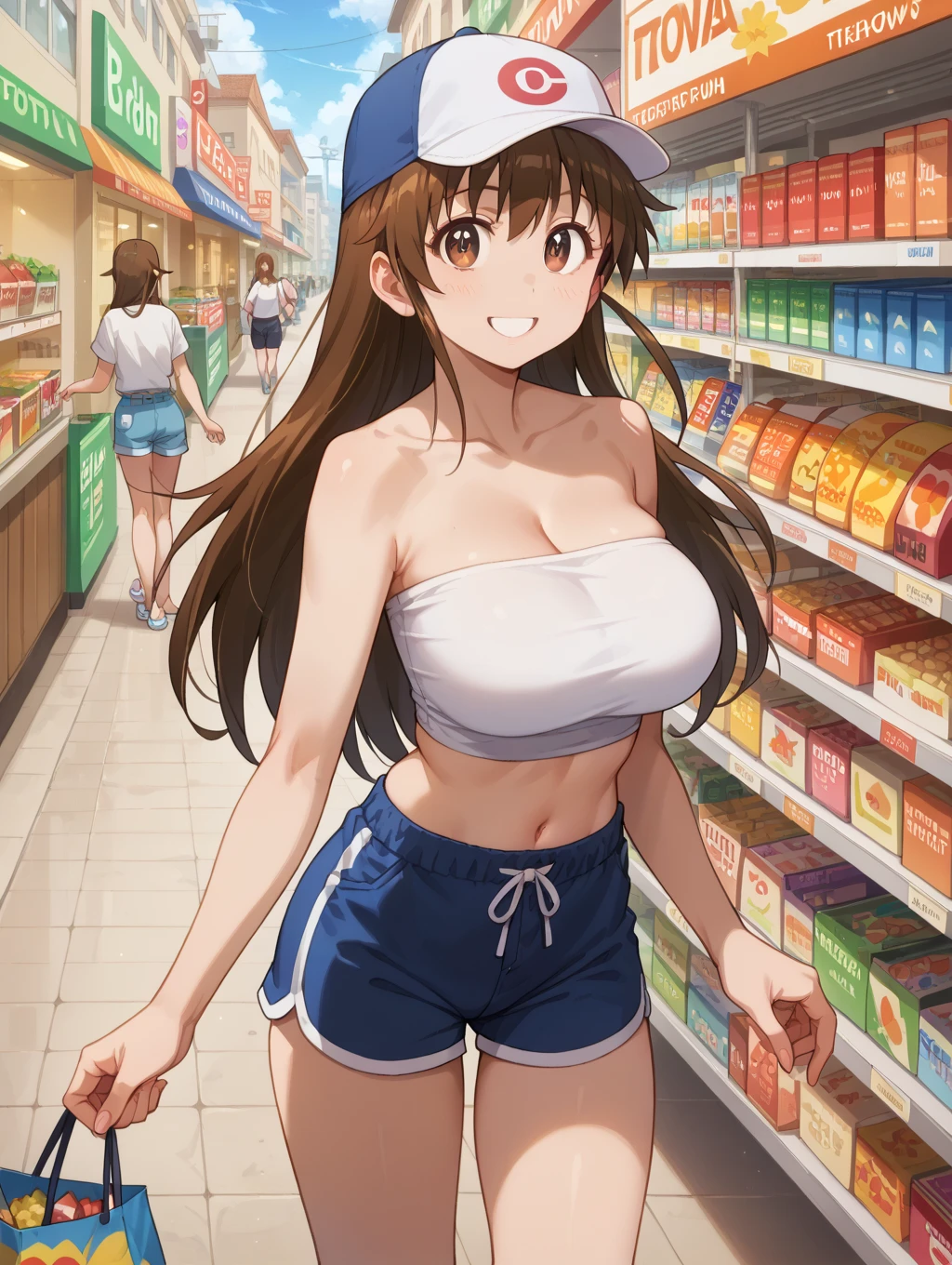 Nagino Sakura, brown eyes, brown hair, hair band, medium length hair, empty eyes , Running, wearing nothing, big anime eyes, , shiny hair, bare-skin, navel, the groin, BREAK in front of convenience store, large breasts、 Nipples, nsfw, nipple , wet, Flooding. sea. solo