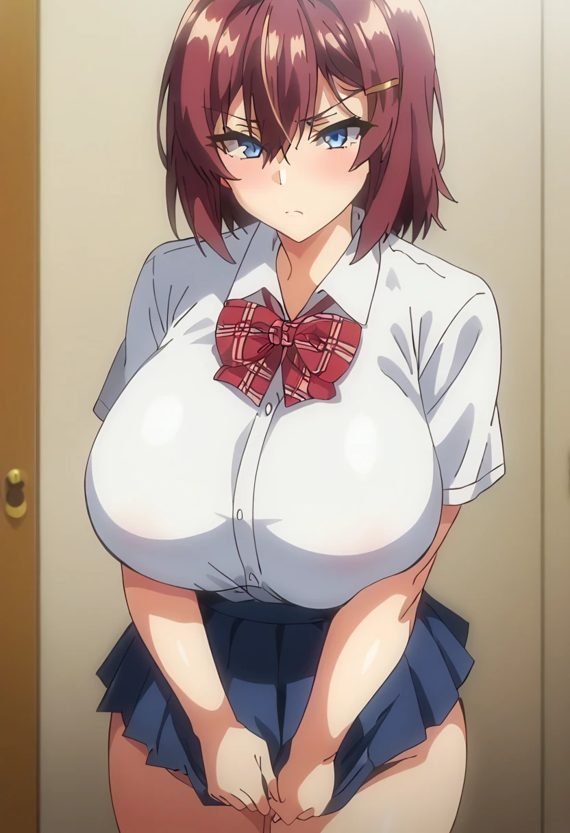 highest quality, my_Naruse, 1 girl, School_uniform, yellow_tie, tooth,(round breast:1.2),(huge breast:1.2),(full bust),busty,blush,(shirt lift),show off bra,(clothed bra),(colored bra),cleavage,I'm worried、embarrassing,(toned stomach),((slender)),(thin waist:1.4),(narrow waist:1.6),breast close-up,((emphasize the chest)),sweat,breath,from below