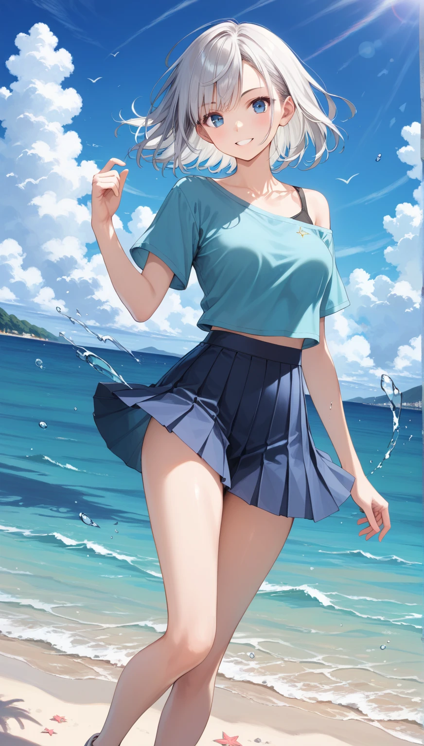 GIRL,BLUE EYES ,WEARING WHITE T SHIRT,BLACK SKIRT ,WATER POWERS, BODY FACING VIEWER