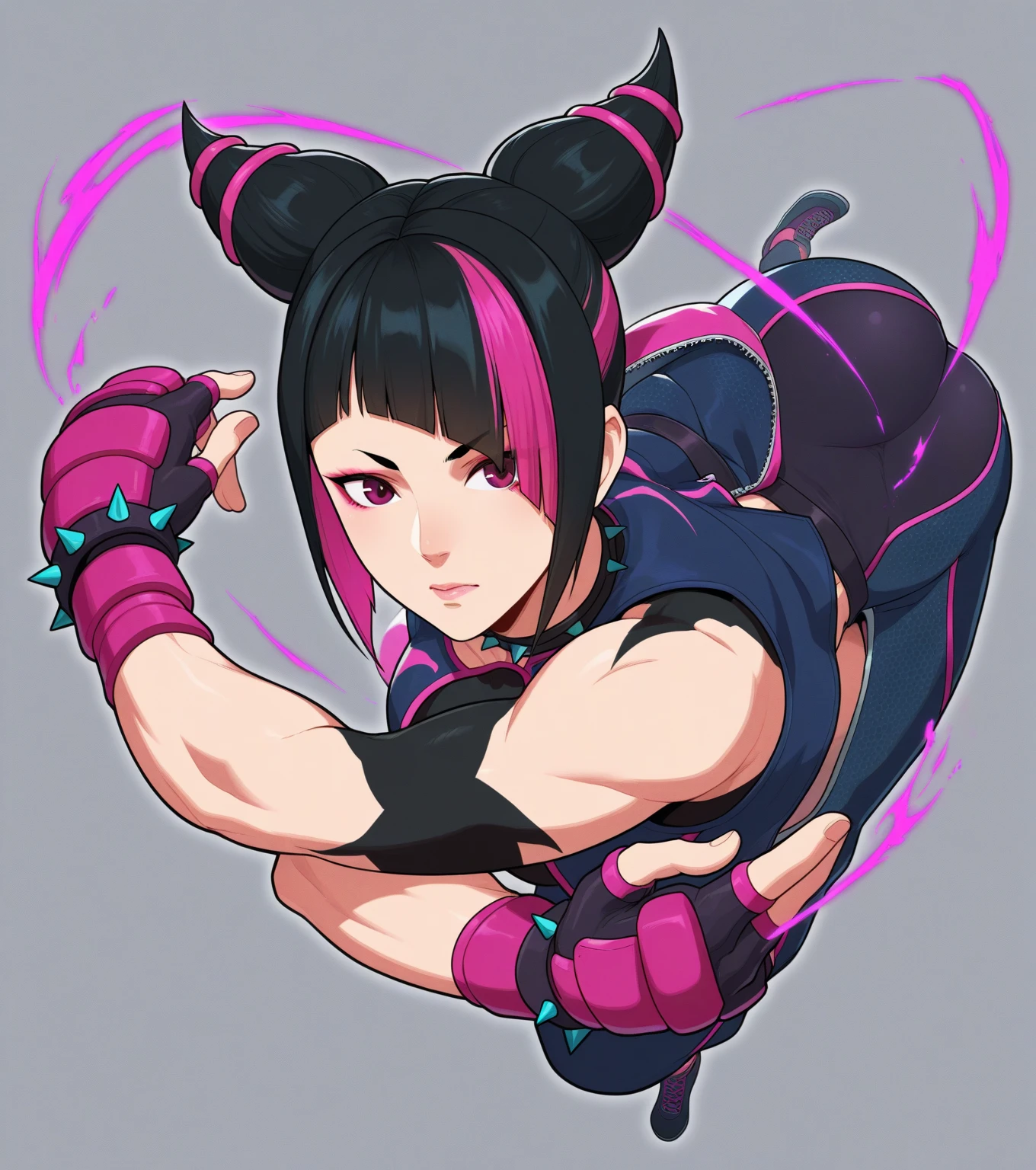 ((best quality)), ((master part)), ((realista)) e pGostosaografia ultra-detalhada, Juri Han,Menina bonita Juri Han de Street Fighter, bunda grande, Garota bonita, Neon light. veste um (Top Tecnologia-Desgaste) e um (corda preta, white pattern :1.2) , ((Beautiful and Aesthetic)), sexy, seios grandes, gostosa, mama grande, Crouching back position, cyberpunk gym, dingy gym,