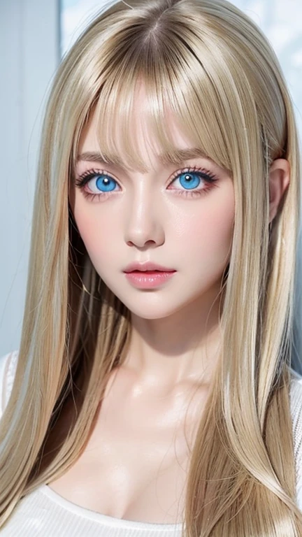 1 Girl, very messy blonde hair, Super long beautiful blonde、Very beautiful super long shiny hair、Bangs between the eyes、bangs on the face、Very beautiful cute face、Very cute beautiful girl、Very white, shiny, radiant skin、solo、super high quality、Hard Focus、Film Grain、Ultra-high resolution、masterpiece、Beautiful detailed, clear, sparkling, light blue large eyes、Very big eyes、Small Face Beauty、Round face、