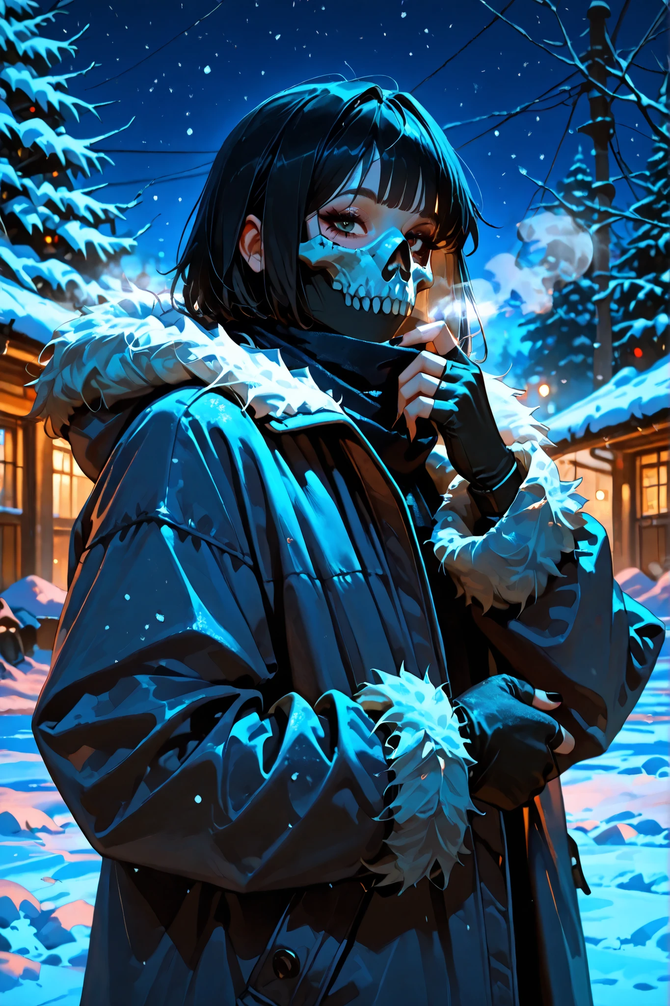 (SuperQuality:1.0) ~ (SuperQuality:1.2), detailxl, girl, Solo, High Resolution, Best Quality, High Details, Super Detailed, outdoors, (simon_riley), ((skull_mask)), fur coat, scarf, gloves, short hair, black hair, long nails, black nails, looking at viewer, snow, night, beautiful eyes, breath,