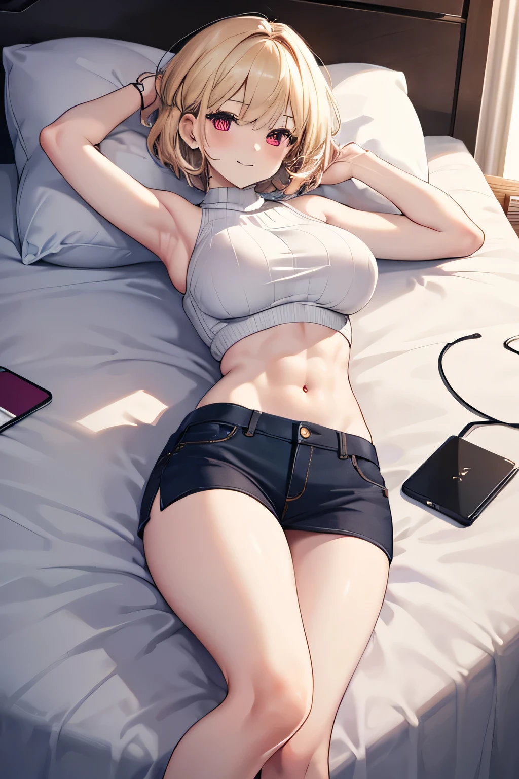 (8K、Highest quality、highest quality、masterpiece)、Detailed face、One girl、 ((Brown skin:1.3))、Blonde、short hair、Grey Eyes、evil smile、((Grin))、Large Breasts、((red bra))、((denim pants))、sitting、knees up、open legs、On the bed、Bedroom Background