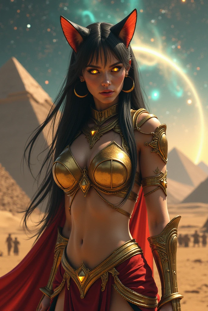8K,Realistic, jewelry, (alone), (Dynamic pose), ((Hell's Gate)), fire, landscape of hell, (underworld), (dark landscape),Female Anubis, Egyptian jackal-headed god, Humanity, Muscular, (holding gold scales), Dynamic pose, Cinematic, Dramatic camera angles, Golden Armor:0.25, black & Gold Cape, (Excellent anatomy), (Good balance), Awards, masterpiece, Centered,Charm,Volume measurement,Body balance,超High resolution,Ultra-Realistic Skin,Digital single-lens reflex camera, Soft lighting, high quality, Highly detailed face, Highly detailed eyes, Highly detailed skins, skin, Scattered beneath the surface, Highly detailed face, Highly detailed eyes, Beautiful expression, Lip, Detailed Background, Depth of written boundary, とてもbig breasts、Volumetric lighting, Sharp focus, Absurd, Realistic proportions, Excellent anatomy, (Realistic, 超Realistic:1.4), 16K HDR, Dawn,big breasts,High resolution,Ultra-Realistic Skin,super Beautiful expression,Fantasy art,character,Violent and strongly cracked abdominal muscles,