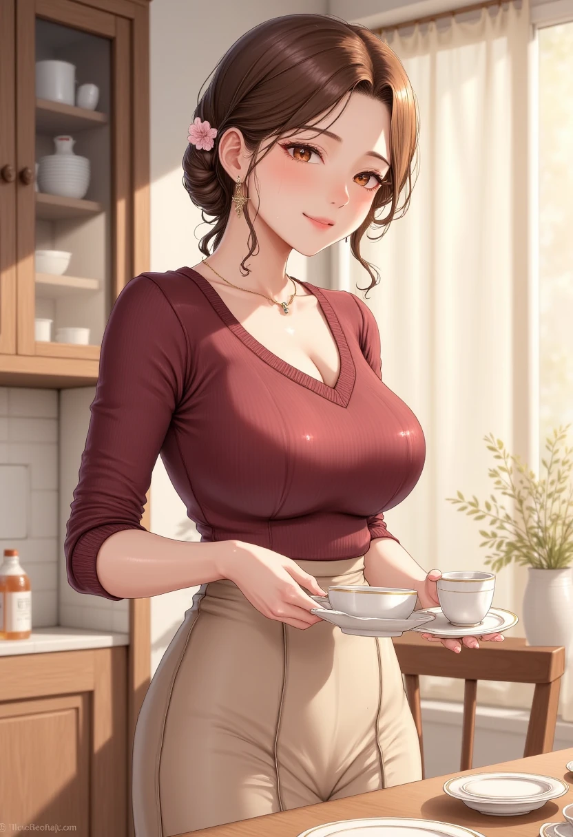 Masterpiece, highest quality, highres, ultra-detailed, dynamic, 8k, young woman, detailed lips, detailed nose, beautiful detailed eyes, beautiful detailed lips, silky , massive breasts, flowing shoulder length hair, vibrant colors, natural lighting, homey background, portrait, soft color tones, holding a tea cup, at ease feel, skin tight red sweater, hard nipples, ((((Huge muscles))))