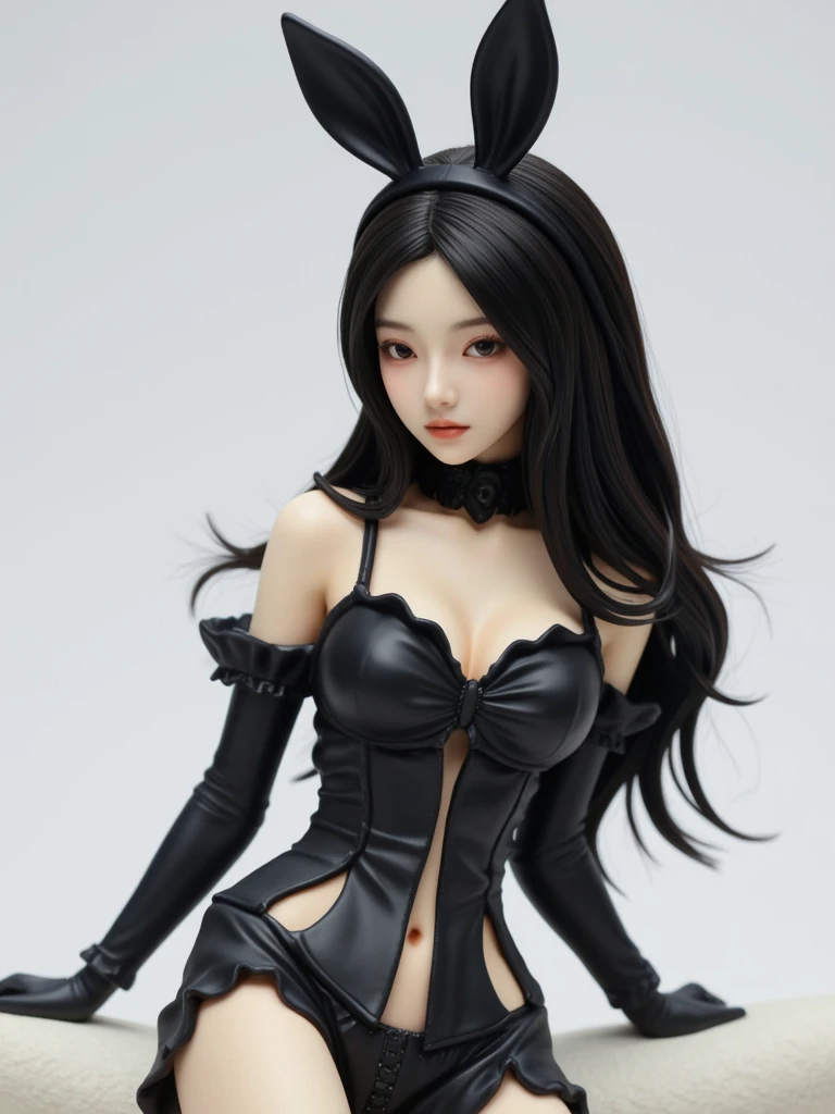 tall girl, light skin, black hair in a ponytail, black lipstick, Playboy bunny outfit, voluptuous