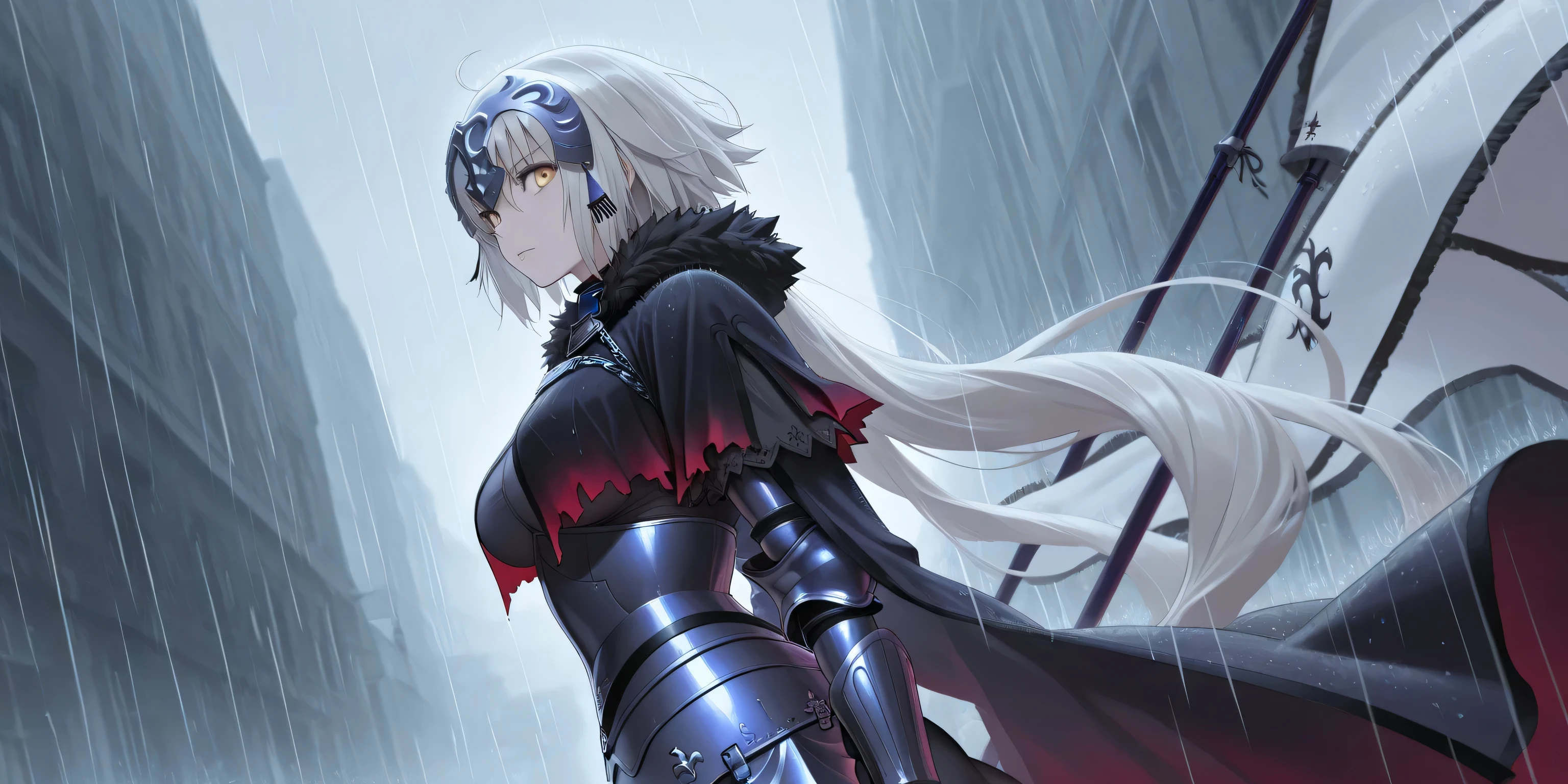 alter jeanne d arc, dynamic angle, looking confident, looking at viewer, beautiful face, best posing, detailed face, holding her white flag, masterpiece, raining, view from side, badass, cool, menacing, best quality