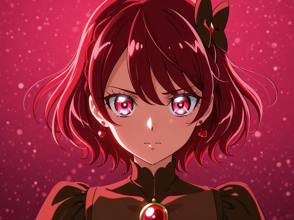 A character from the anime Boku no hero academy who has the following short pink hair , who has two green bows in her hair. The character has red eyes . On her forehead she has a black crescent moon symbol and she is chubby..