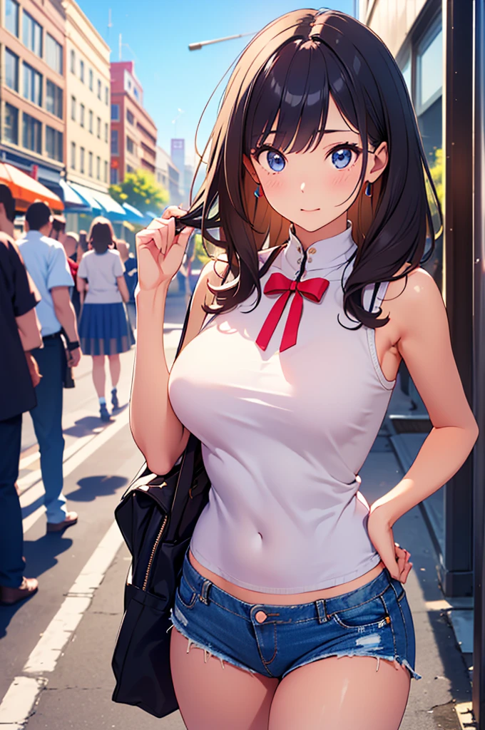 (8K、RAW photo、highest quality、masterpiece:1.2)、detailed background、beautiful and detailed face、beautiful and smooth skin、skin texture、professional lighting、Beautiful teenage girl、sexual expression、Cute Ponytail、(big breasts:1.5)、sexy sailor suit、sexual expression、Look at me happily、outdoor stage、Sing and dance