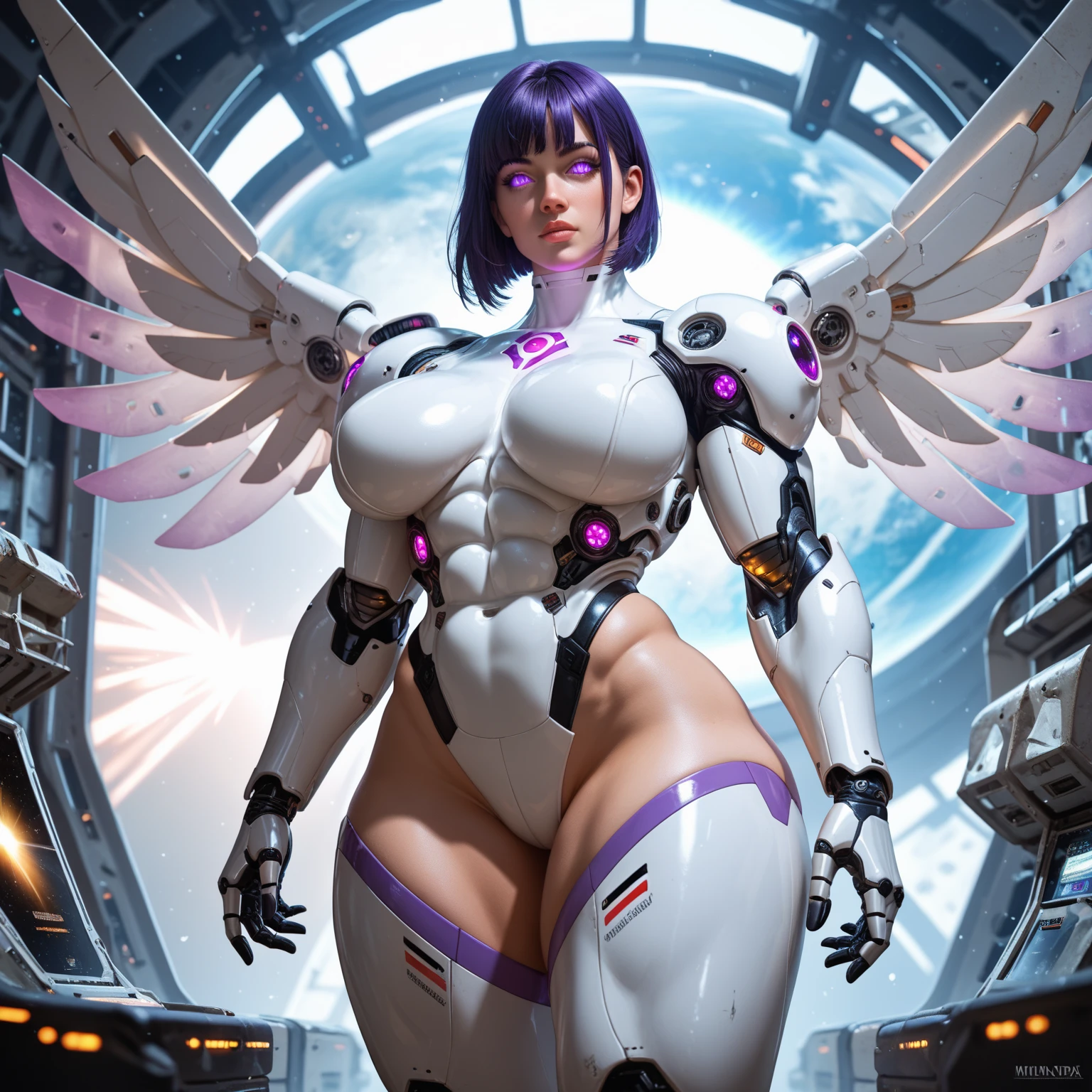 (masterpiece, top quality, best quality, official art, beautiful and aesthetic:1.2), (1girl:1.3), extremely long curly golden hair, extremely detailed, portrait, looking at viewer, solo, (full body:0.6), detailed background, close up, (cool science fiction space theme:1.1), extremely busty valkyrie, charlatan, mysterious, shooting lasers in space, cybernetic angel, huge feathered wings, chrome boob armor, dark purple streamers and skirts and sleeves and knee wrappings, cybernetic implants, mechanical hand, laser cannon, arm cannon, revealing chrome armor, bare midriff, glowing laser energy, crown, halo, intricate armor, ornate chrome armor, sheer white fabric, elegant purple fabric, skirts, streamers, cowl, boots, bracers, ((((gigantic breasts))), slim waist, slim hips, long legs, athletic, SPACE, futuristic moon, (space exterior:1.1) background, dark mysterious lighting, shadows, magical atmosphere, dutch angle