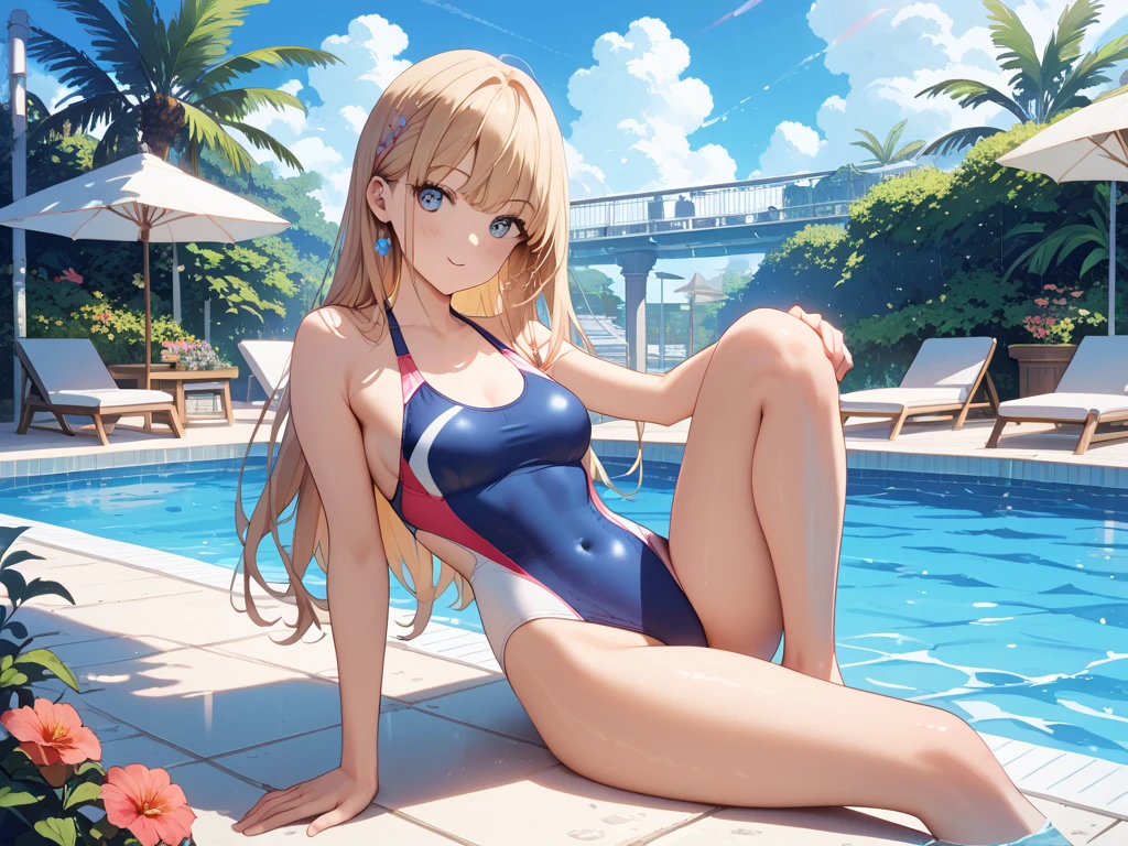 animated cartoon、One blonde girl with red eyes、、独奏、Bikini with ruffles、pools