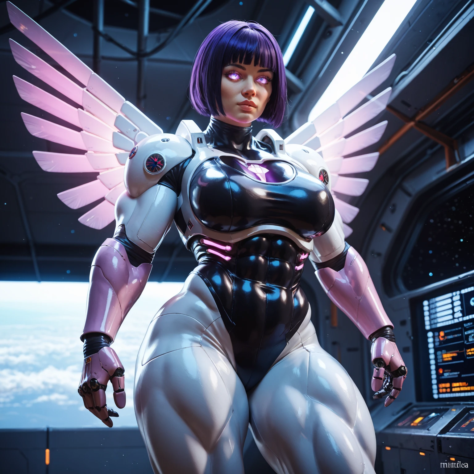 8k ((full body view:1.5)) ((seductive eyes:1.3)), defined cheekbones, 1woman, ((the pit style:1.4))((defined jawline:1.2)) ((sleek pink bodysuit:1.6)) (detailed face:1.5), pink skin,(puffy lips:1.5) (((pink skin:1.2))), beautiful face, (bald woman:1.7), ((slendered abs:1.4)),(skin head) ((stands confident)),(Muscular:1.3), ((gigantic breasts:1.8)) ((front view:0.6)), )highly detailed, majestic, digital photography, art by artgerm and ruan jia and greg rutkowski, ((metal wings on back:1.4)), (masterpiece, ((below lighting)), intricate details, (((black color palette))), ((pink face))