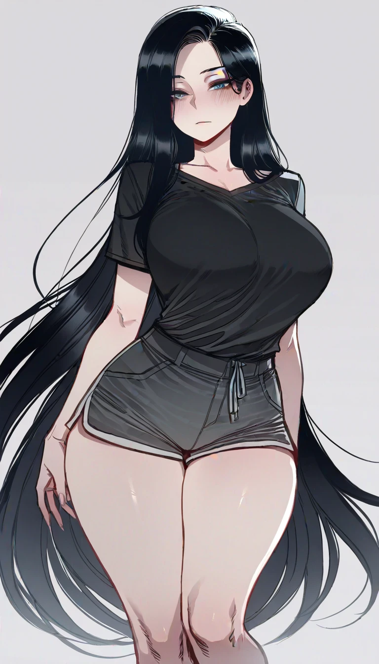 (masterpiece), expressive eyes, best quality,perfect face
8k, best quality, real picture, intricate details, ultra-detailed, ultra highres, depth field,fully body,sexy,(photorealistic,realistic:1.2),masterpiece, straight-on shot, dutch angle, 1girl, an extremely beautiful 17-year-old girl, innocent big eyes, (Black _LONG_hair), (Brown_eyes:1.0),(wavy hair,(Bangs),long hair, perfect shiny skin, flawless skin, fair skin, huge breasts, cleavage, narrow waist, light blush, solo, looking at viewer, evil smile, chubby under clothes, sweat, wearing ((Black Tank Top)), Sleeveless,Black_Vest_top,((Black Shorts)), (gravure pose :1.1), sunset, classroom ,(seductive smile, jagged expression, evil expression)),(Beautiful,huge_Breasts:1.4), (beautiful face:1.5),(narrow waist),(huge ass :1.4),(slender body:1.2),cleavage, midriff,navel,Large Aerolae,perky breasts,(detailed black tank top),expressive eyes,perfect eyes, (beautiful eyes), (dazzling pupils), (amazing irises), (perfect eyes), perfect anatomy ,no mistakes,1girl, covered nipples, plump,standing, slim legs, unaligned breasts,slim legs,glossy hair, glossy skin, glossy eyes, detailed hair,photo of perfecteyes eyes,wearing tight black tanktop with black hotpants,tareme-eyes,very_long_hair,Detailedface,wearing tight black tanktop with black hotpants,