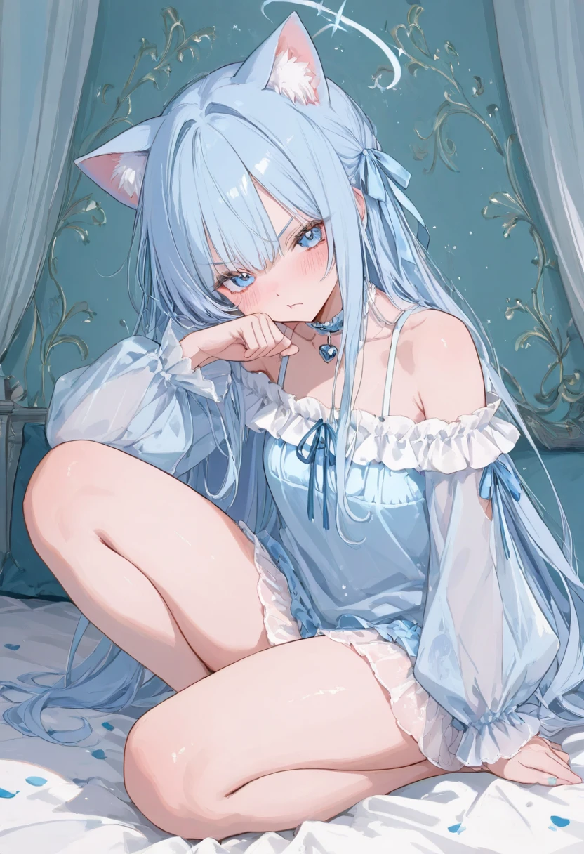 Blue long hair girl with blue eyes have blue cat ears 2 blue wings 1 cat tails have black collar with golden bell wearing blue shoulderl less and blue skirt white long socks no shoes sitting inside an closed glass box