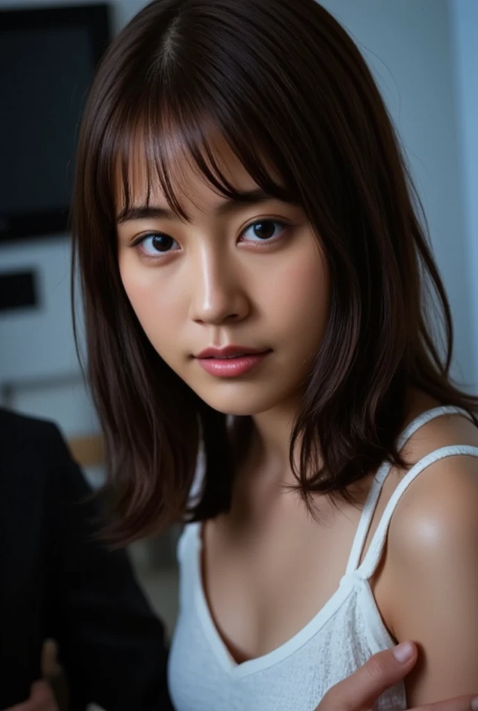 ((Upper Body:1.3)).Blown by the long wind [Blue-black:.3] hair,Looking at the audience, (Tabletop:1.3), (8K, Realistic, RAW Photos, Highest quality: 1.4), Japanese, (1 Girl), Beautiful Face, (Realistic face),{Wavy medium hair|Front hair long bob|short hair with long bangs}{Black hair|Brown hair|Blonde hair}, Beautiful hairstyle, Realistic eyes, Beautiful and beautiful eyes, (Realistic skin), Beautiful Skin, charm, Ultra-high resolution, Surreal, Very detailed, Golden Ratio,Female student peeing in the toilet、shame(Blushing:1.3)