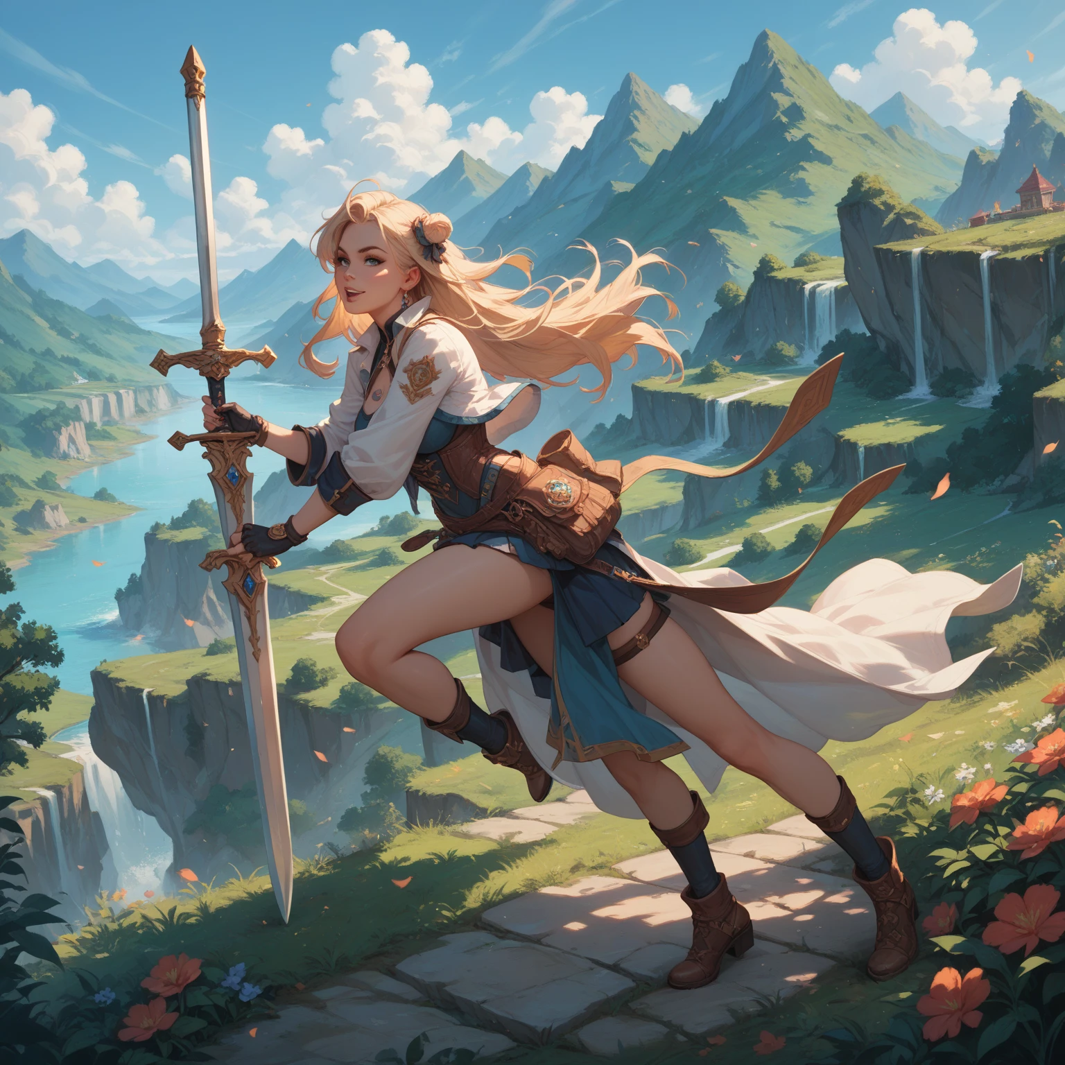 fallen wood,fantastic landscape:1.8,Elves with compound bows:1.5,dynamic pose,action:1.6,Elf with a bow:1.5,arrow,flat breasts,dynamic angle,dutch angle shot,ground-level shot,low angle,full body shot,dynamic range,hunter:1.2,One unicorn:1,3, One Girl and One Fairy:1.8,Undulating lakes:1.5,deep-forest:1.3,Blowing in the wind:1.6,Has depth:1.3,(4K), (Raw photo: 1.2), (Realism: 1.4), (masutepiece: 1.3), (exquisite detailing: 1.2), Delicate and beautiful details, (Eye Detail), (Facial Detailed), (Highest Quality) :1.4), (Hyper-Resolution: 1.2),(very detailed illustration), Best Quality, depth of fields, Wide light, natural shadows