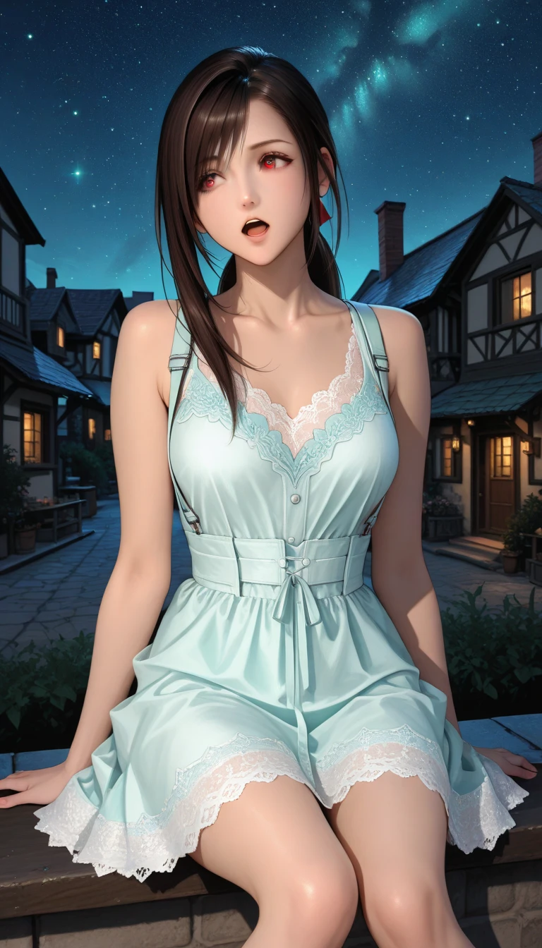 tifa lockhart, mksks style, (very detailed background:1.0), (highly detailed background:1.0), final fantasy vii remake, (red eyes), 1girl, bare shoulders, aqua dress, black hair, green dress, sleeveless dress , sundress, house, long hair, night, night sky, open mouth, outdoors, ponytail, sitting, sky, sleeveless, sleeveless dress, star (sky), starry sky, town, aged down, small breasts, ((white frills)), (white dress),