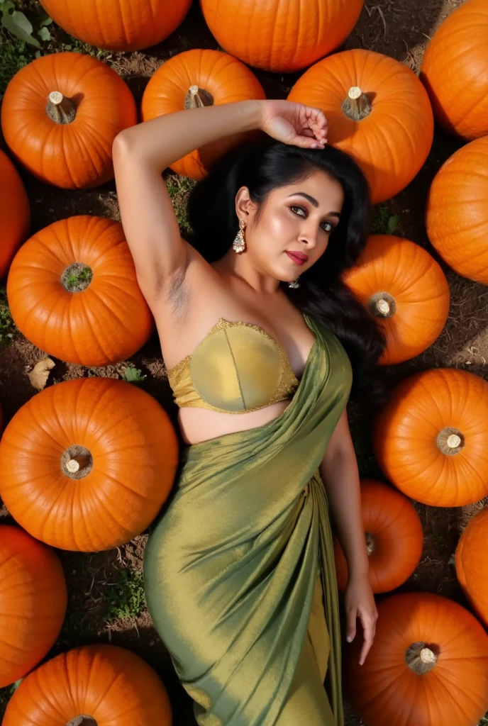 extreme close up photo of back of naked 30 years old naked nayanthara lying on big pumpkins with wide open spread ass anal from top view, hourglass figure, swooping breasts, deep cleavage, curvy, armpits, seductive eyes, ass, look at viewer lusciously, subtle smile, erotic standing having sex with big pumpkins with wide open spread legs, green vintage Saree, red lips, sultry, ponytail, 4K, HD
