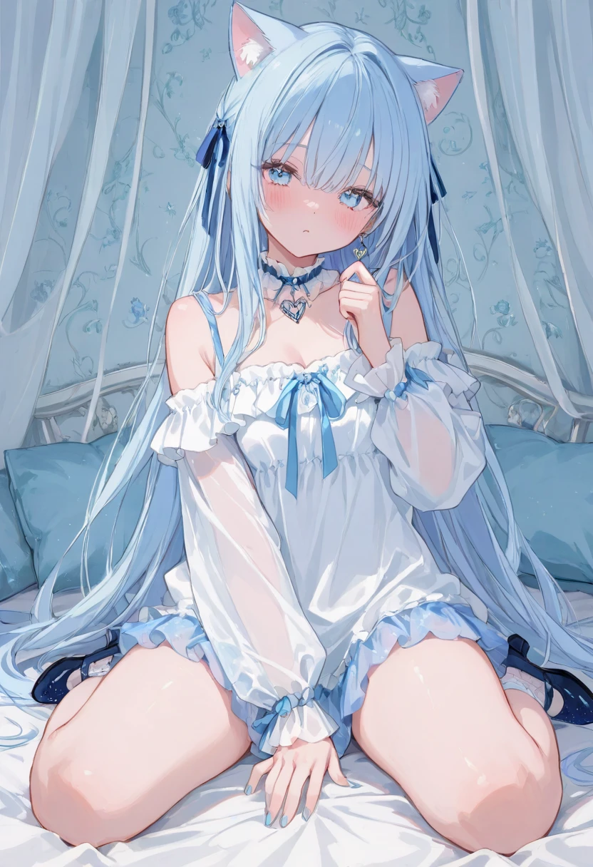 One girl with long wavy hair, white hair, looking at viewer, embarrassed, blushing, tears, indoor , bare shoulders, bare hands, medium breast, underwear only, bra, bra visible, wearing underwears, lace bra white underwear, lace underwear, white panties, nude, naked, perfect waist, thigh, bed, hip high skirt, crawling, nsfw, night atmosphere, hair ornament