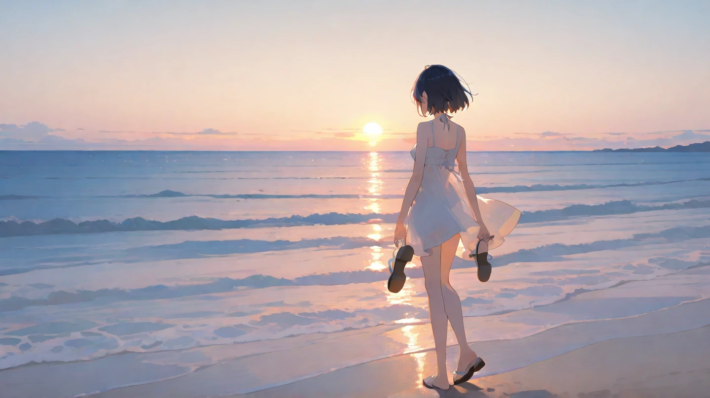 (((Surreal)))、(((hight resolution)))、(in 8K)、 (((ighly detailed)))、(top-quality、masterpiece:1.3)、((sharpnes))、ciinematic light、Full view、the beach、White sandy beach、Girl Walking On The Beach、Distant horizon、Distant waves、Flying birds、Into the cloud、Bright sun、The sun rises high、Mid summer、By Shinkai Makoto