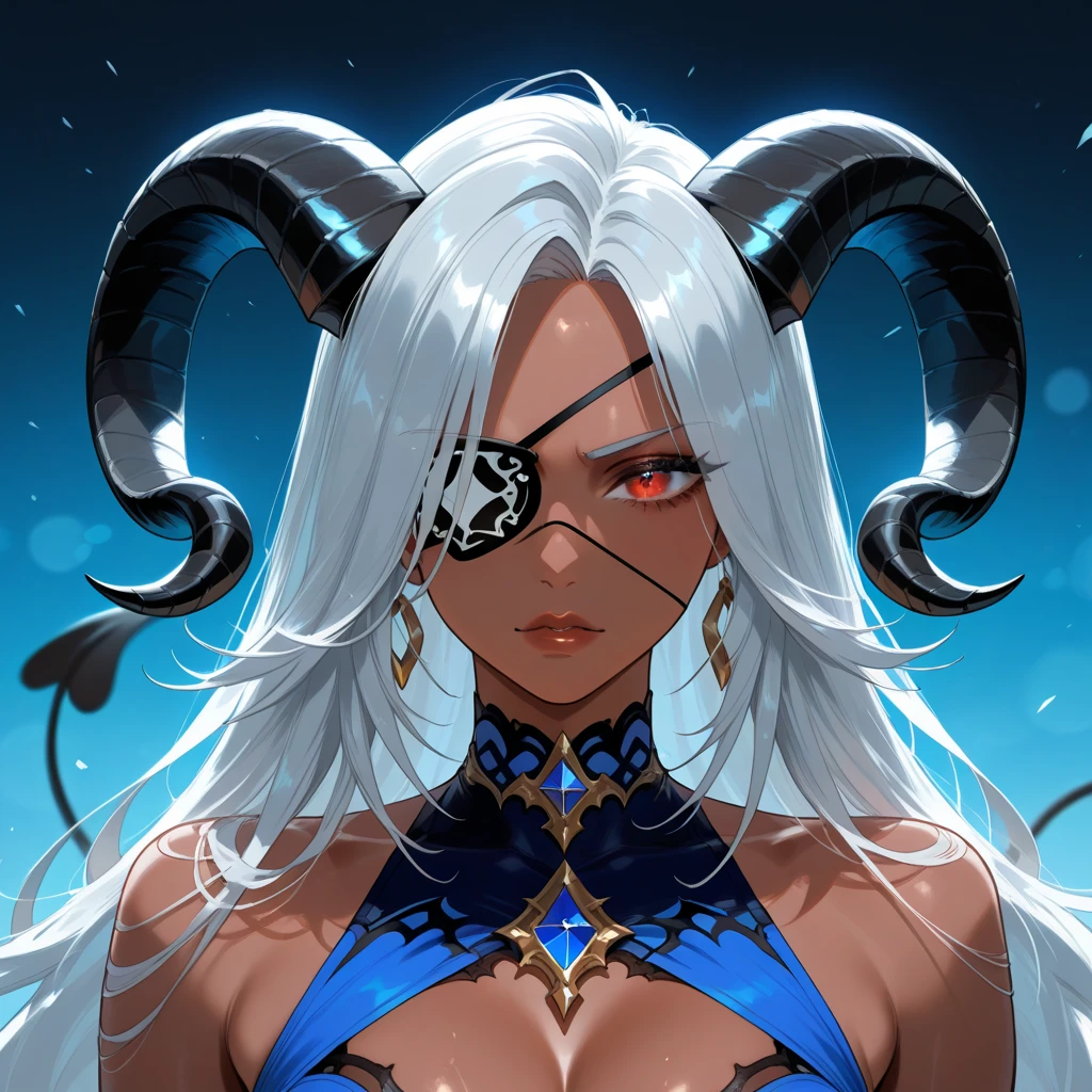 (best quality, masterpiece:1.1), vivid colors, woman wearing Cyberpunk fashion, Midnight Blue skin, Silver eyes, Silvery white Straightened hair, Tribal Tattoos, Silent Catacombs background || portrait, character art, masterpiece, 8k, high resolution, shallow depth of field, sharp focus