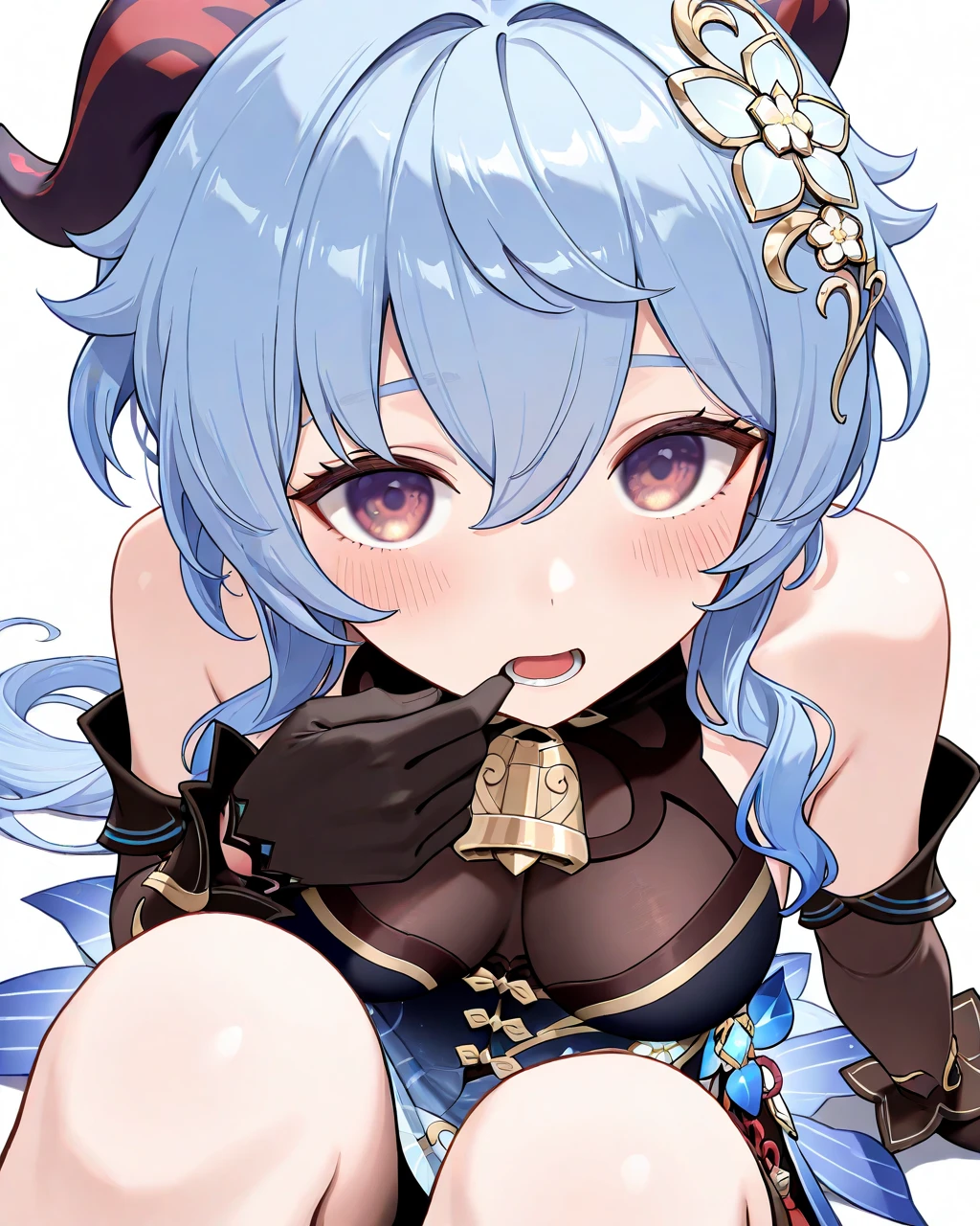 Naked, smoll stature, purple hair, purple eyes, flat tits, beach, short hair, chibi, ahegao face