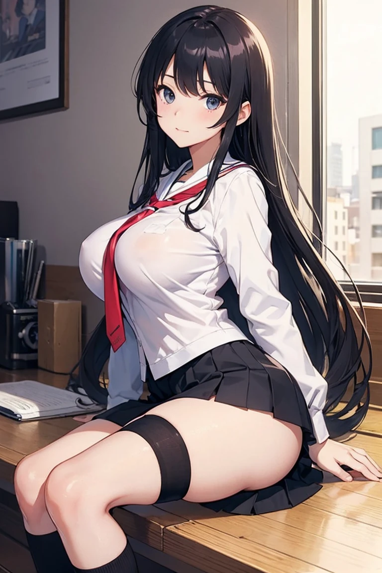 tmasterpiece,1girl,black hairbl,long whitr hair,NSFW,Delicate face,blue color eyes,black short skirt,black over-the-knee socks,large lively breasts,whitet-shirt,no-bra,Bare chest,at class room,Unoccluded,Detail portrayal --auto