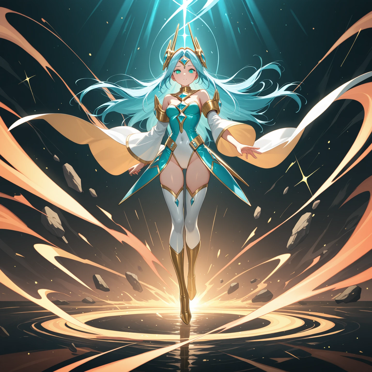 1girl, (solo:1.1),((Masterpiece)), very detailed, tan lines, dark skin, (big breasts), sexy body shape, slender body shape, Phoenix background, green hairs, curved hips, green eyes, white leggings, white and green bodysuit, white swimsuit, glowing effect, priest, healer, fantasy, gold ornament, full body view, beautiful toes, dynamic pose,ningguangdef, dynamic angle, walking, magical weapon in hand, high quality eyes, intense look