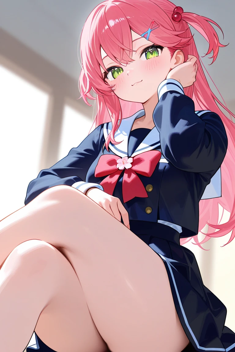 1 girl、tmasterpiece、beautiful light up、Detailed beautiful face、Detailed beautiful eyes、A high resolution、super fine illustrations、Extremely Delicately Beautiful、top-quality、The whole body is shown、Feet first、(A MILF:1.2), ((crouched:1.5)),Bare knees、独奏, 30s,white skinned, (silber hair, Blunt bangs ,poneyTail,Red eyes),, Curvaceous, (shinny hair, shinning eyes, shiny skins), Kaihuai, A smile, (glistning skin:1.2), 、thighs thighs thighs thighs、((squatt、Open legs))、frontage、((sailor outfit)),Pichi Pichi clothes、ratex、Short skirt、校服、Navel is visible、pelvis curtain、Armpits、A smile、black thighhigns、Watch your audience、lower chest、face flushed、perspired、Pedras preciosas、thick thight、parted lip、Pantyhose、Reddening cheeks、tiptoes、low tune