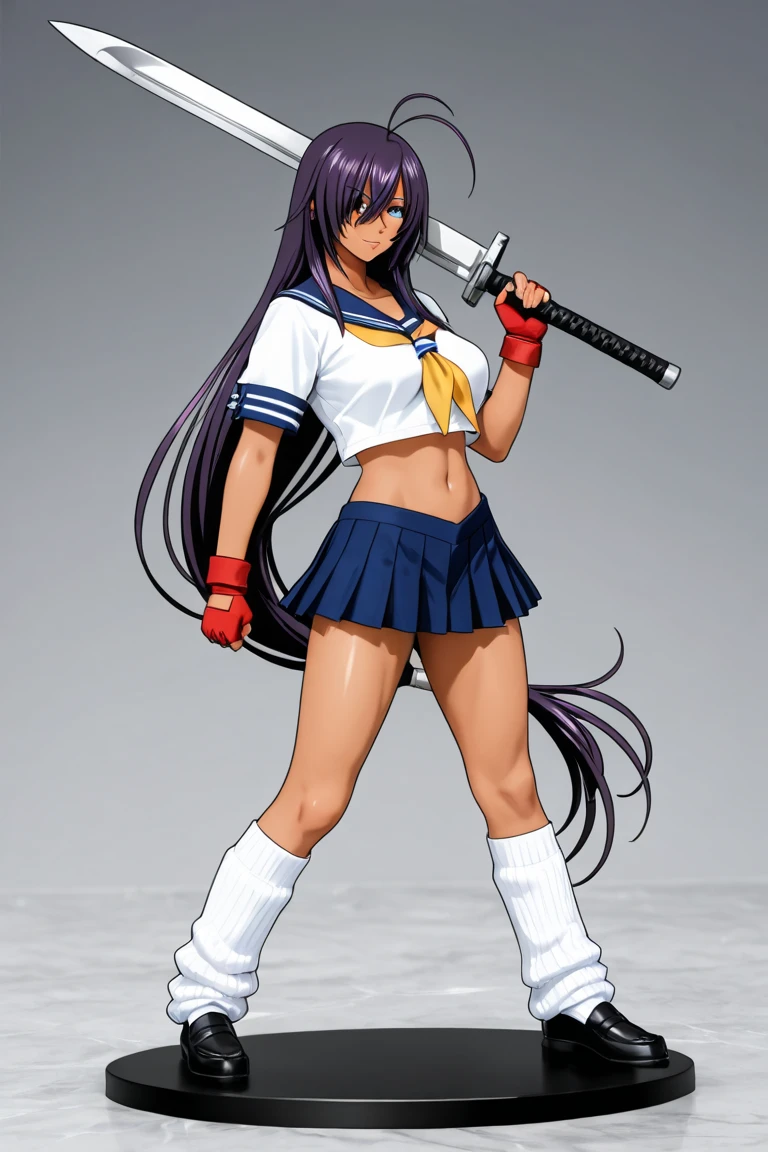 unparalleled masterpiece, 8k, high quality,perfect artwork, outdoor, 1girl,18yo,muscular female, kanu unchou, holding weapon,fingerless gloves, midriff, loose socks, pleated micro skirt, yellow neckerchief, earrings, loafers, low-tied long hair, hair over one eye, clean, beautiful face, pure face, pale skin, shiny hair, colored inner hair, detail hair, Long eyelashes, braid, (finely detailed beautiful eyes and face), hyper extreme detailed, stunning lighting effects, fighting pose,large breasts,erected nipples,cleavage,navel