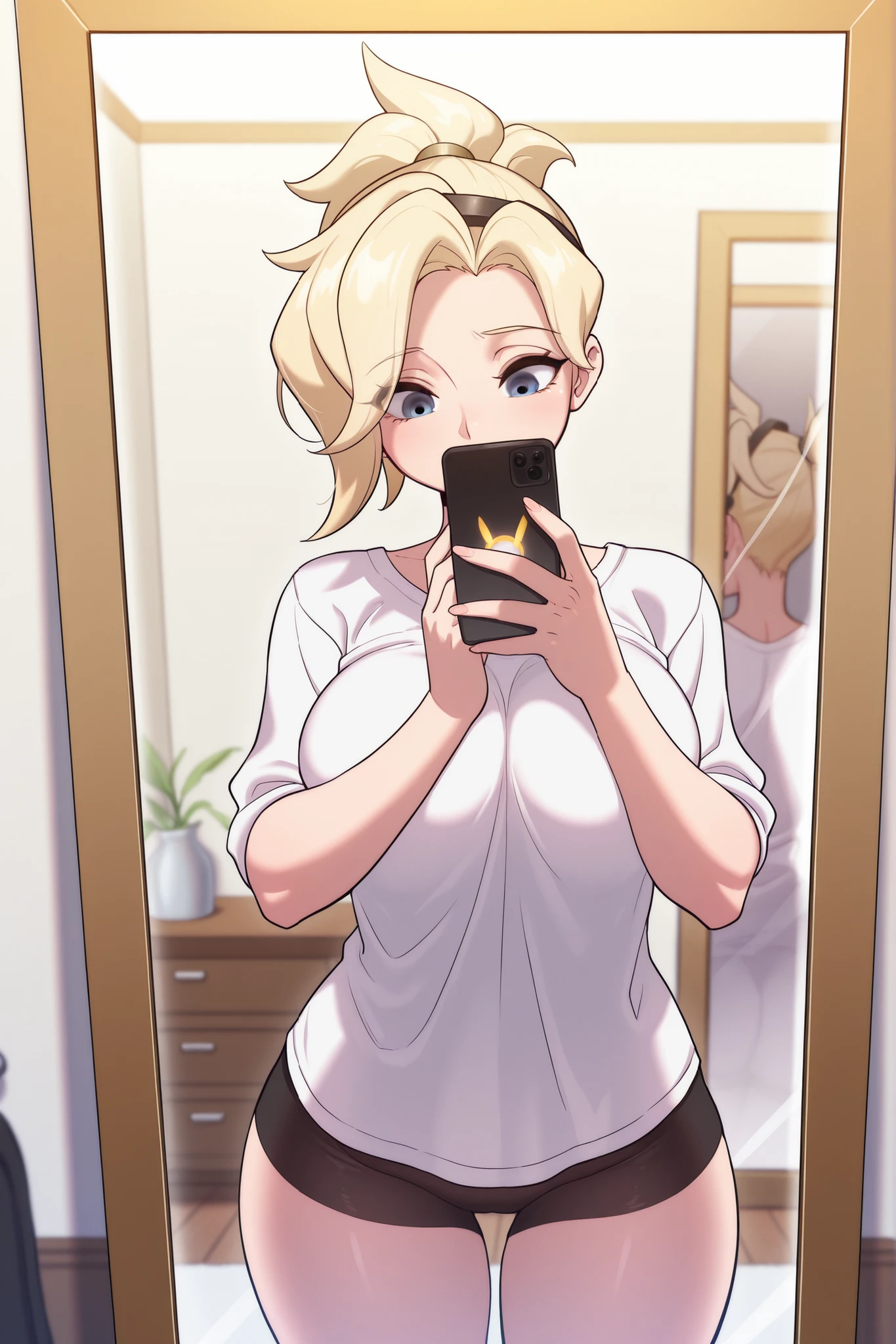 masterpiece, best quality, ultra-detailed, 1girl, mercy from overwatch, indoors, large breasts, fit female, solo, mirror, holding phone, reflection, art by strongbana