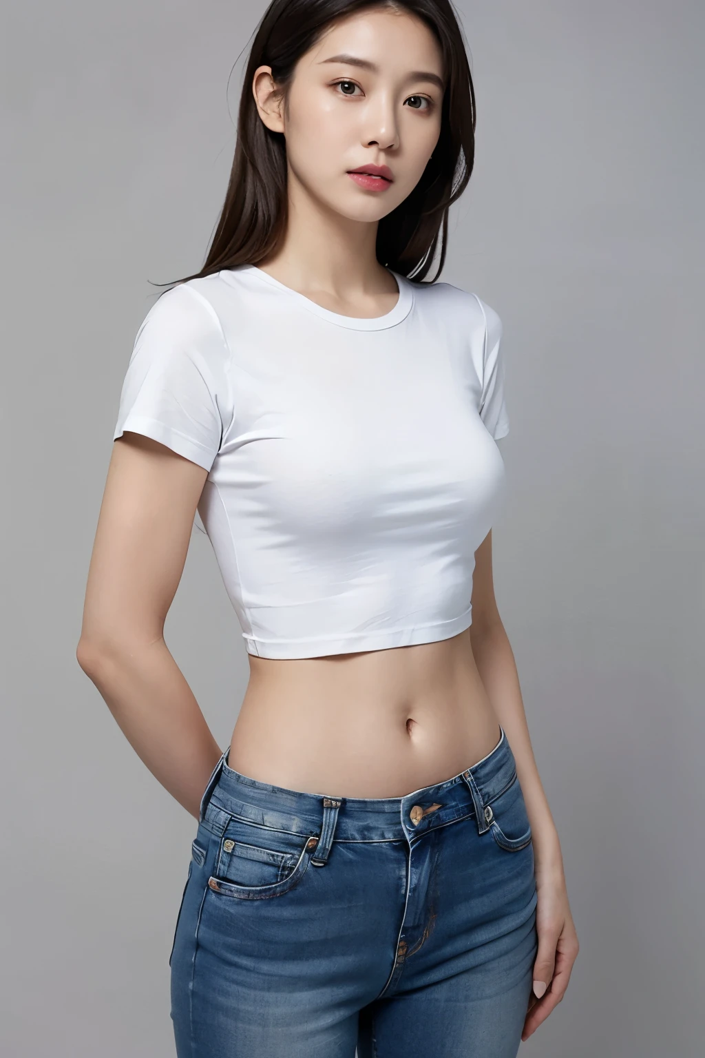 a close up of a woman with a white shirt and jeans, sport bra and shirt, photo of slim girl model, Crop top, wearing tight simple clothes, croptop, smooth white tight clothes suit, wearing tight shirt, Tight shirt, White top, Open V chest clothes, wearing a crop top, with ripped crop t - shirt, wearing sexy cropped top。Bare chest