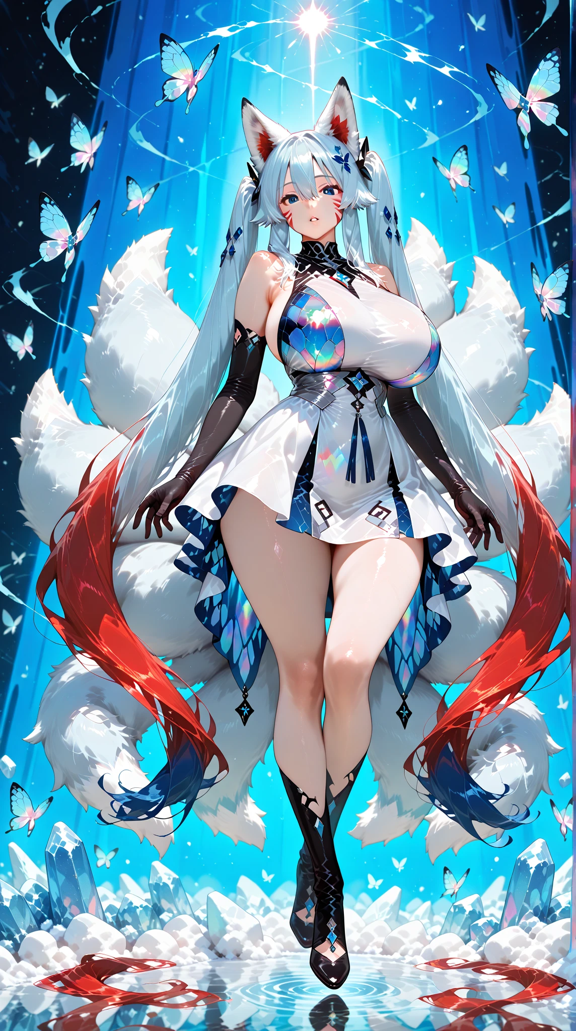 Smiling Rei Ayanami's masterpiece, (fox demon), fox tail, Caustics, High resolution illustration, Red eyes, feminine,Excellent figure, blue hair,, Shadow flat illustration, The art of math, Popular topics on ArtStation, Very detailed, fine details, complex, neon color
